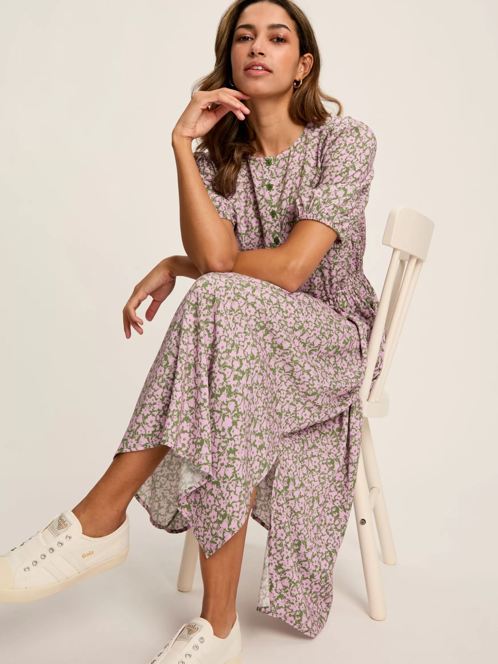 Adele Green & Pink Floral Button Down Midi Dress with Slit^Joules Online