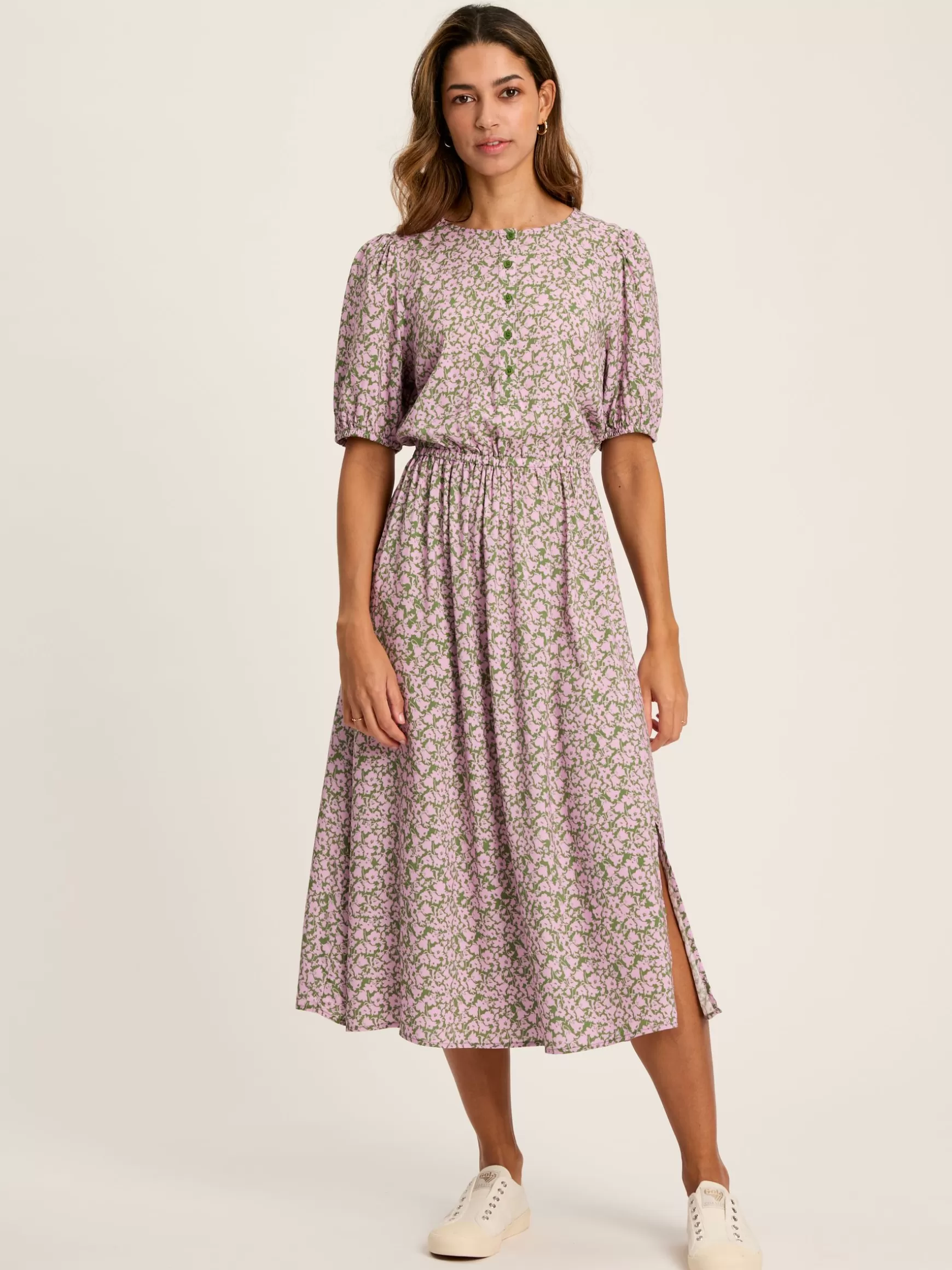 Adele Green & Pink Floral Button Down Midi Dress with Slit^Joules Online