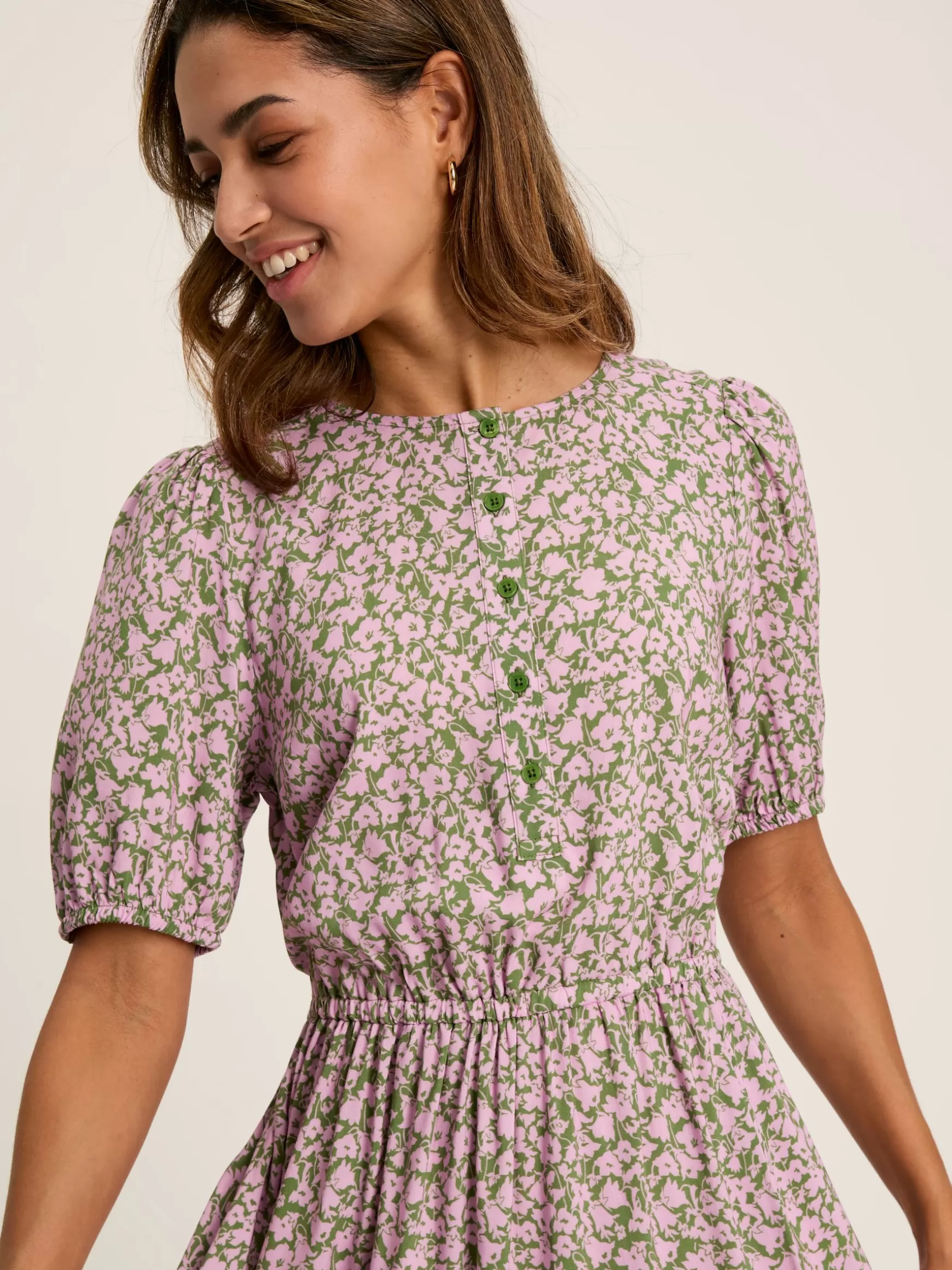 Adele Green & Pink Floral Button Down Midi Dress with Slit^Joules Online