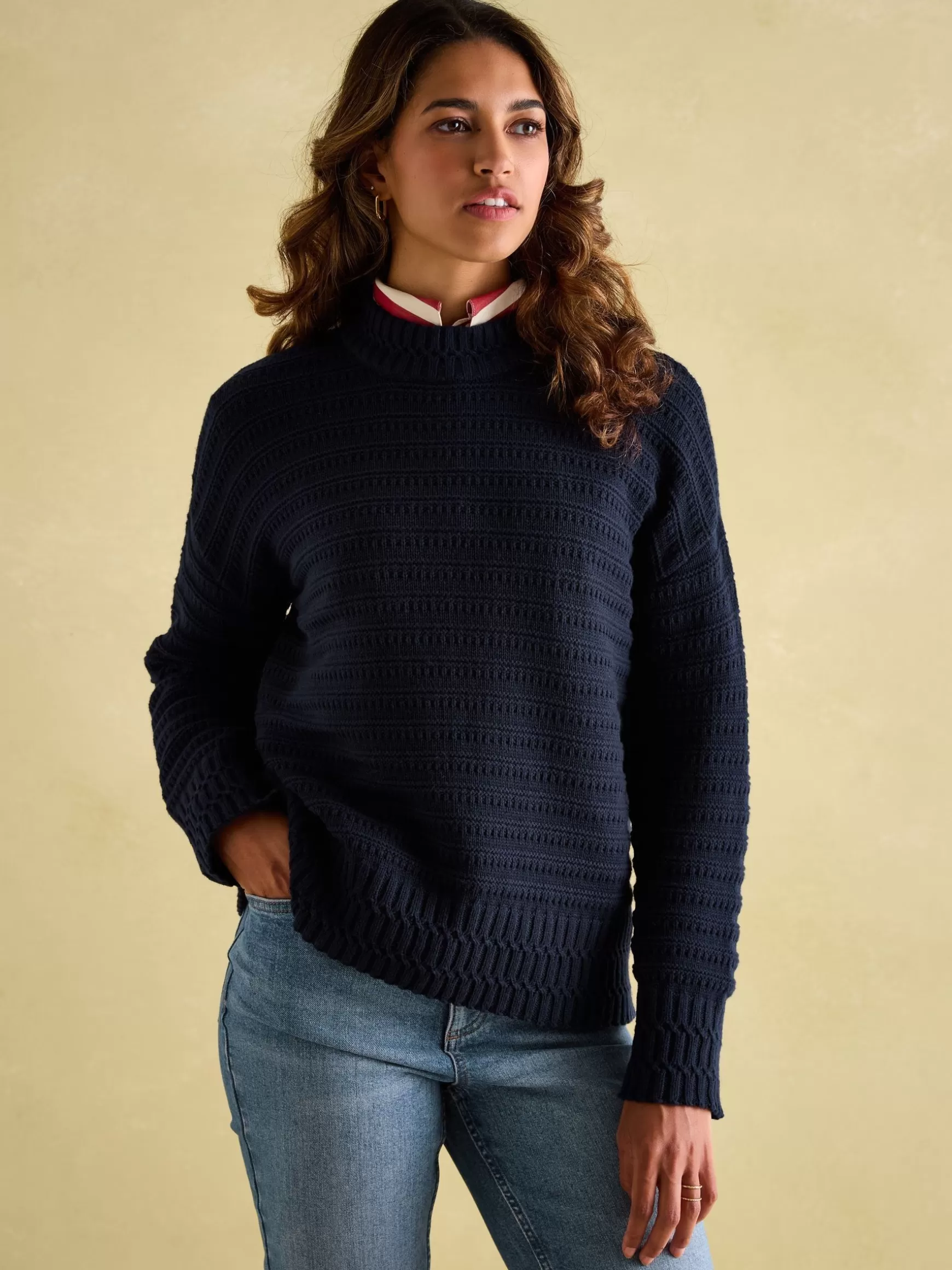 Bernie Navy Blue Crew Neck Textured Jumper Contains Merino Wool^Joules Store