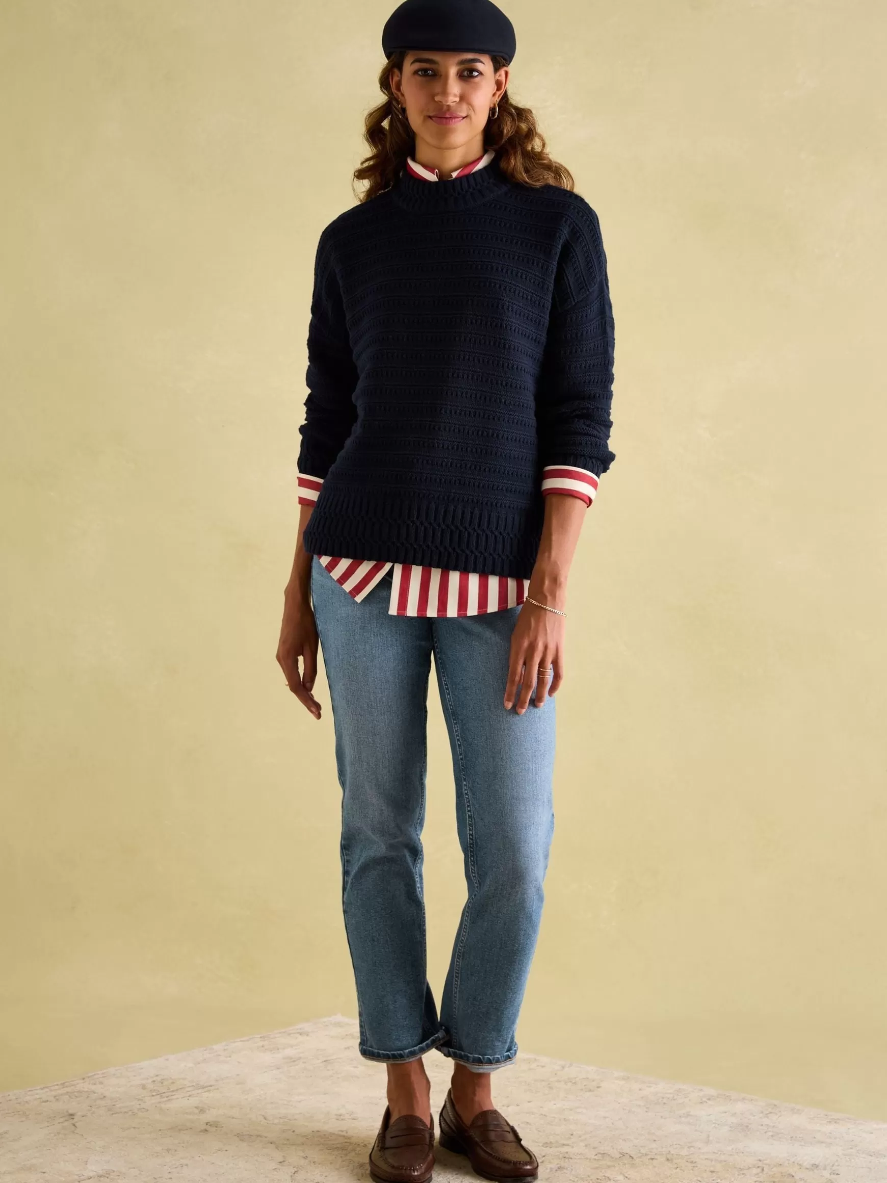 Bernie Navy Blue Crew Neck Textured Jumper Contains Merino Wool^Joules Store