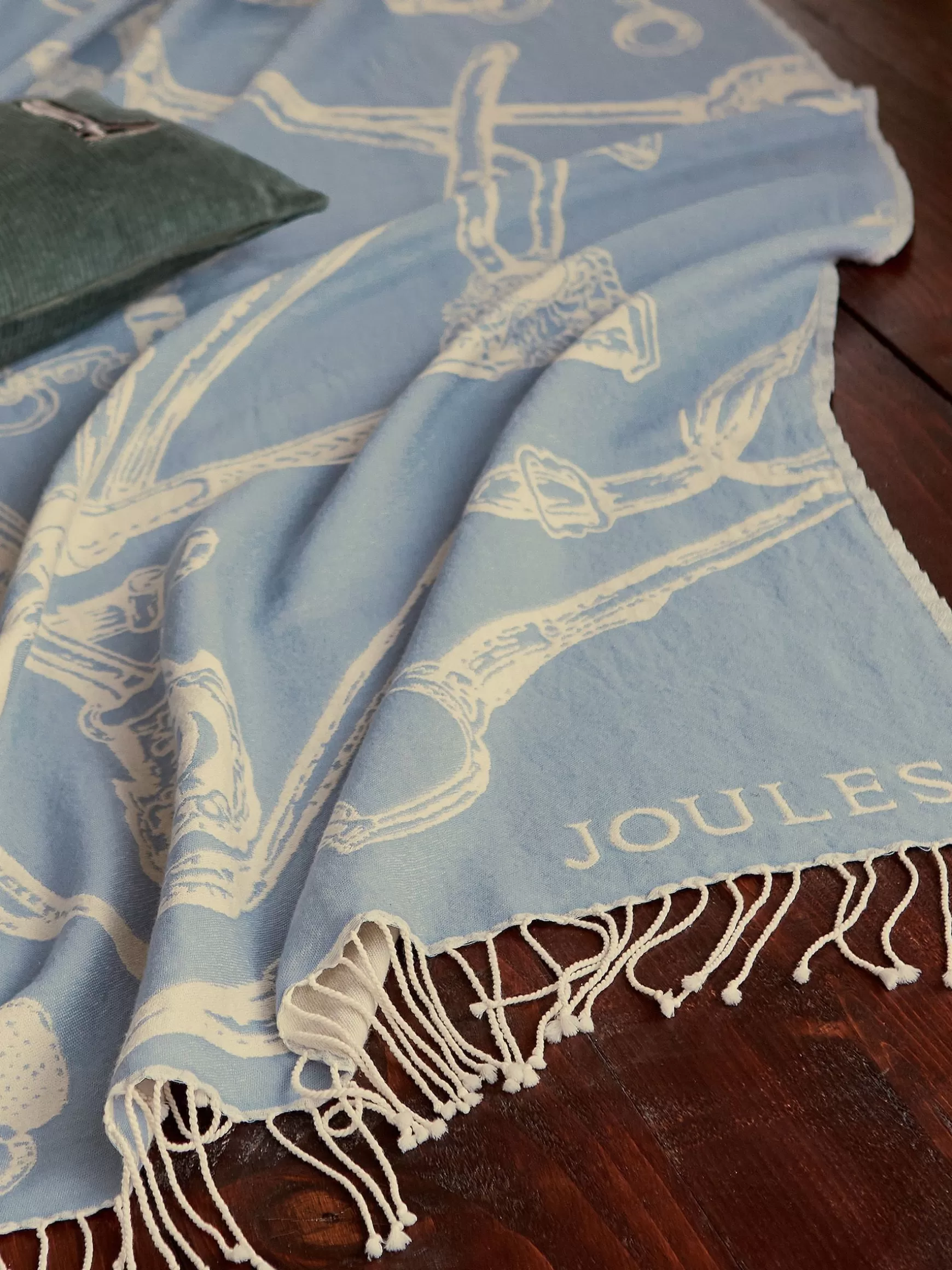 Bridle Print Blue & Cream Tassell Throw^Joules Store
