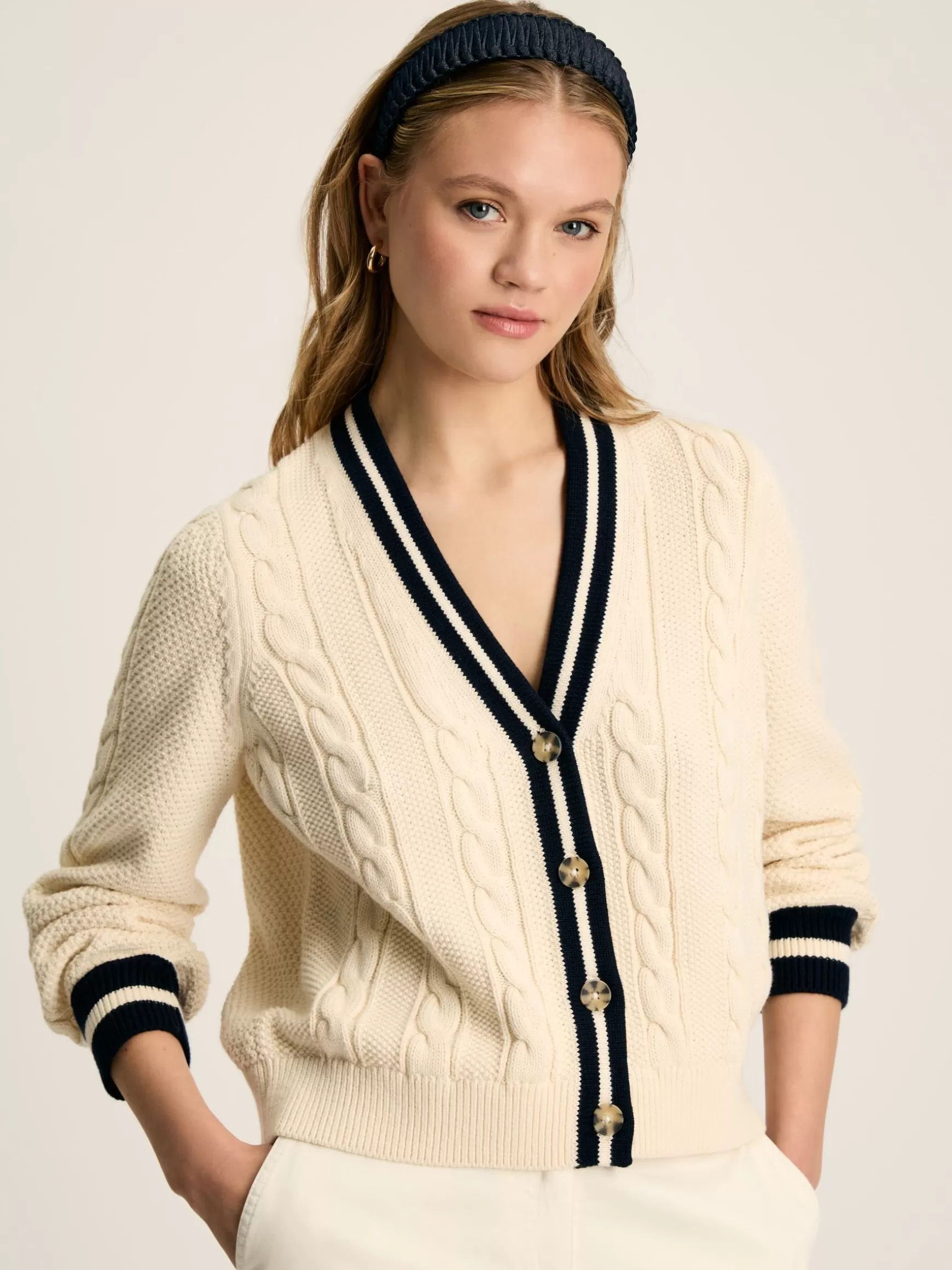 Centre Court Cream & Navy Button Through Cable Knit Cardigan^Joules Sale