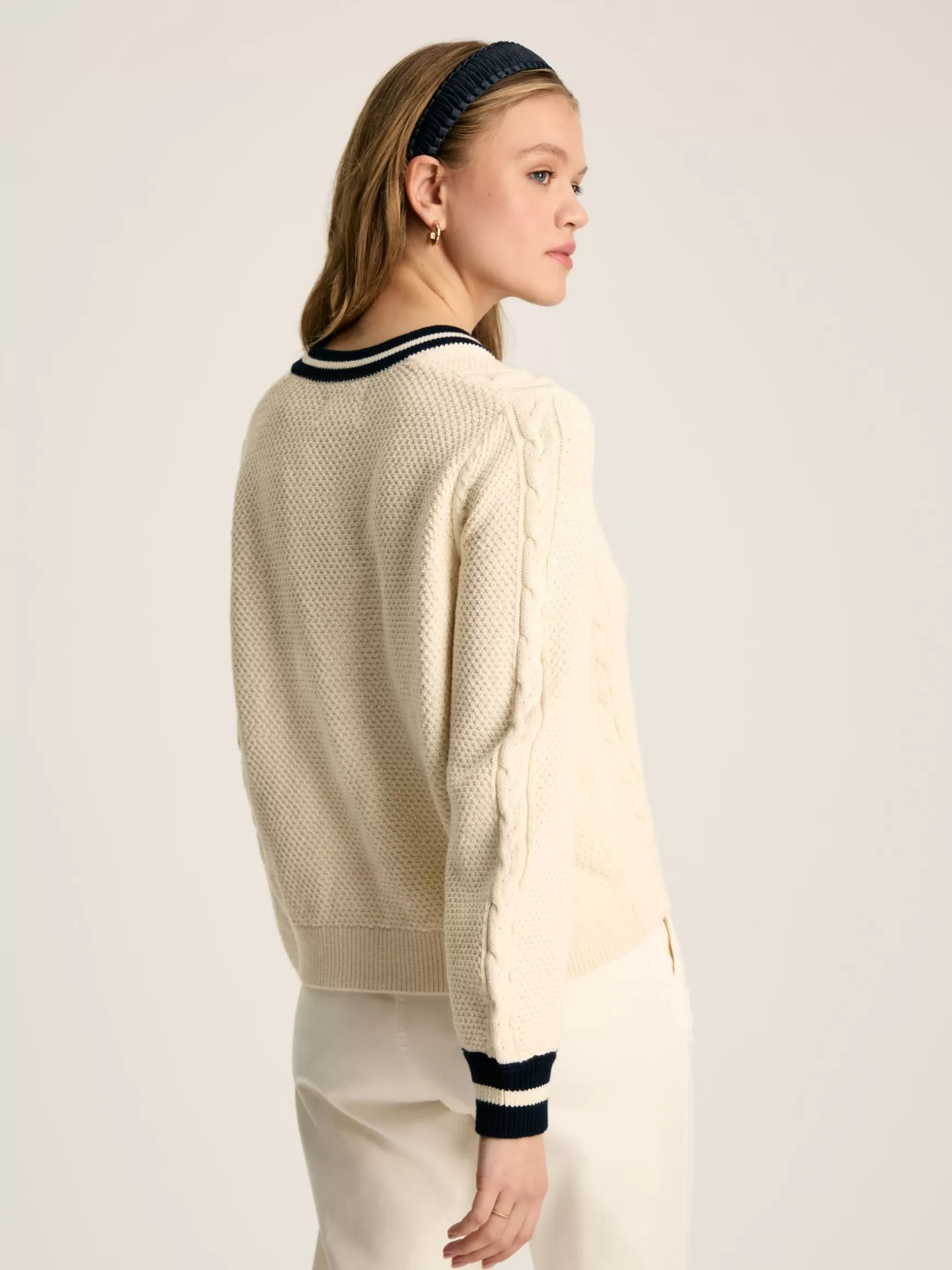 Centre Court Cream & Navy Button Through Cable Knit Cardigan^Joules Sale