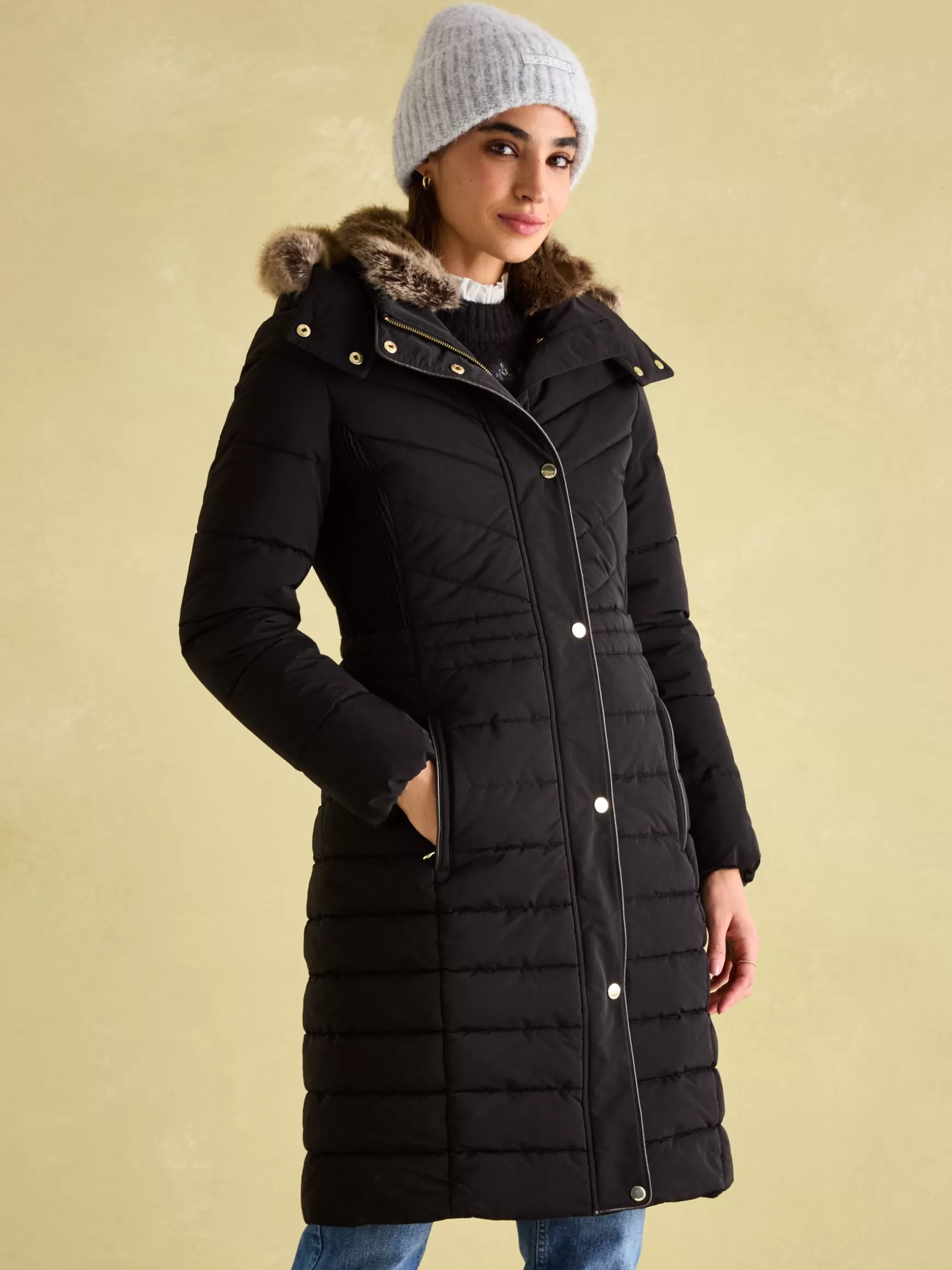 Cherington Showerproof Longline Padded Coat with Faux Fur Hood^Joules Discount
