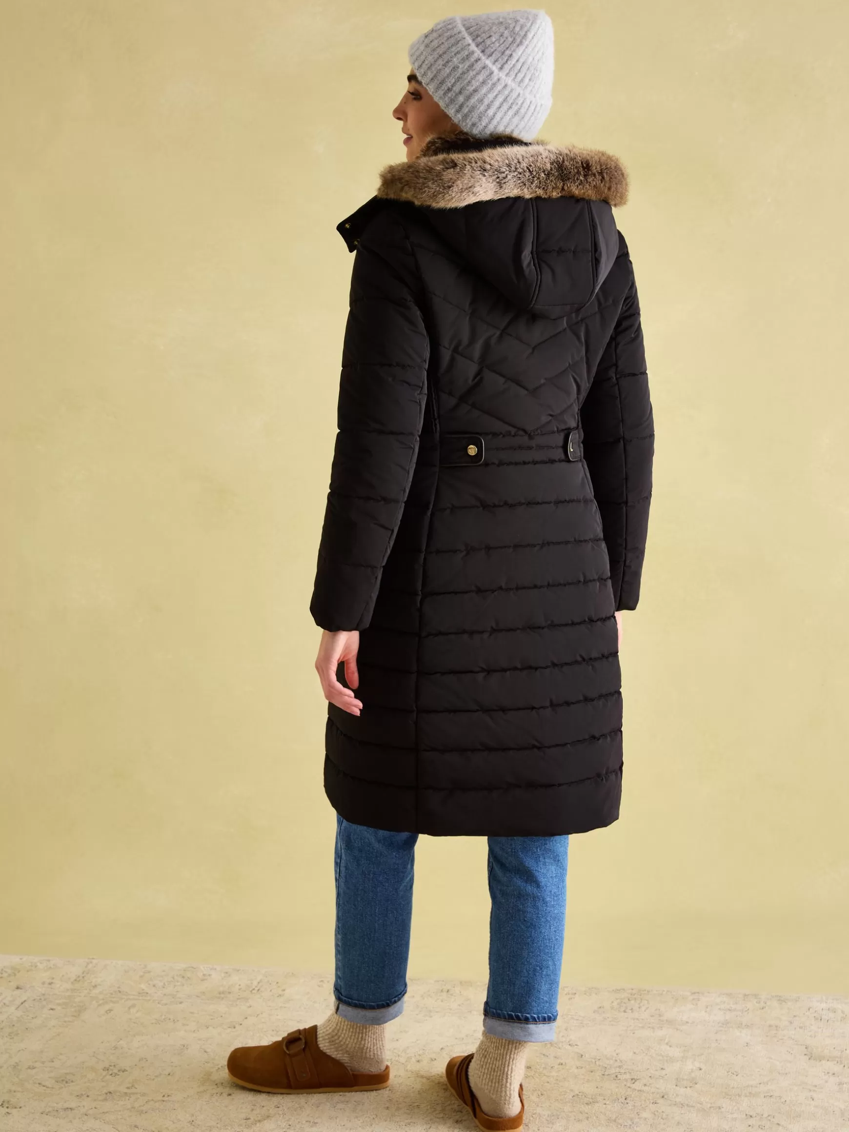 Cherington Showerproof Longline Padded Coat with Faux Fur Hood^Joules Discount