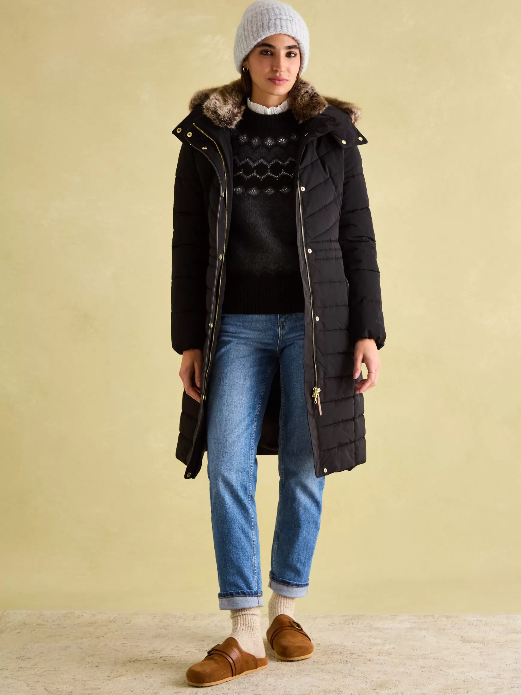 Cherington Showerproof Longline Padded Coat with Faux Fur Hood^Joules Discount
