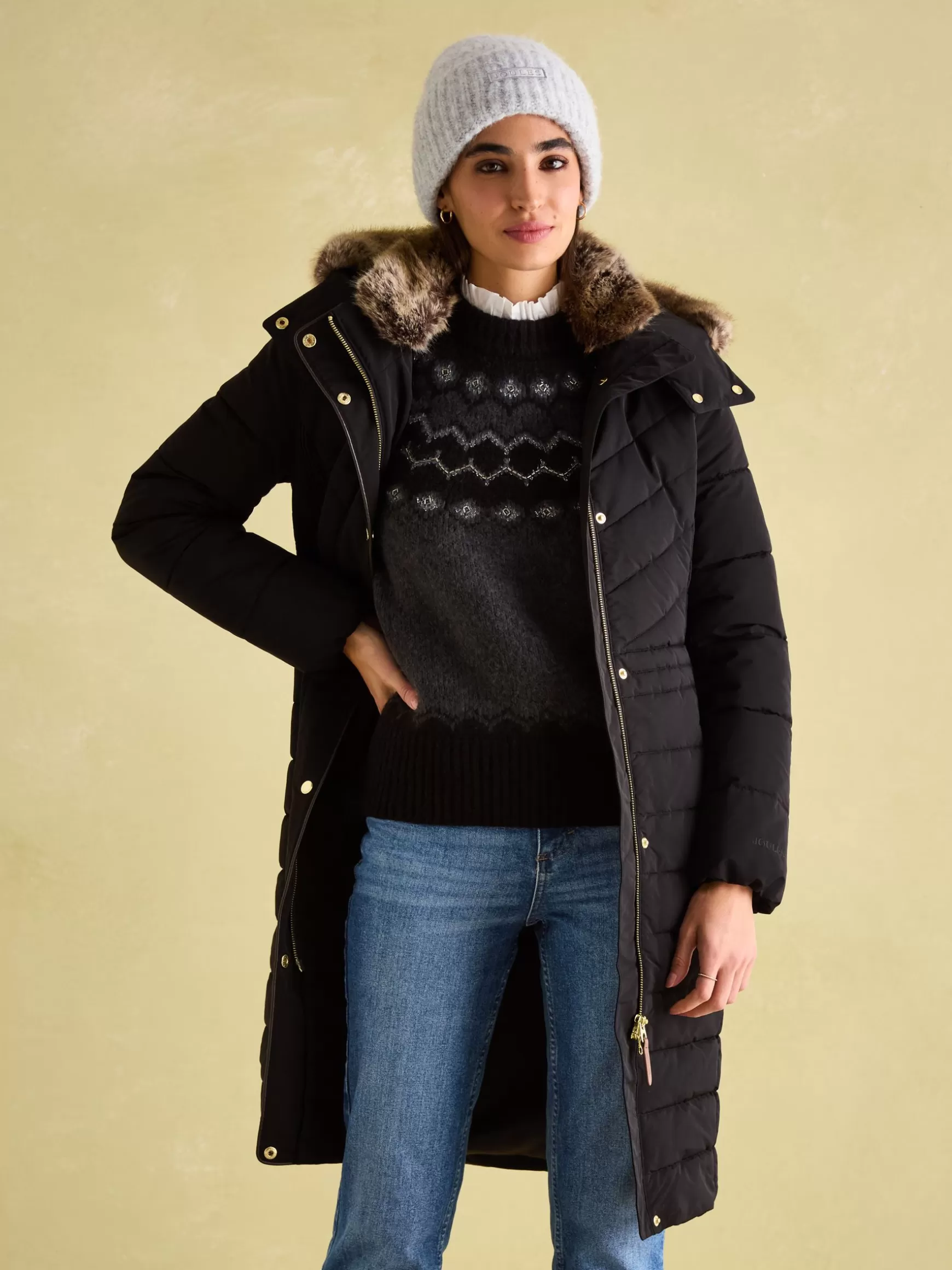 Cherington Showerproof Longline Padded Coat with Faux Fur Hood^Joules Discount