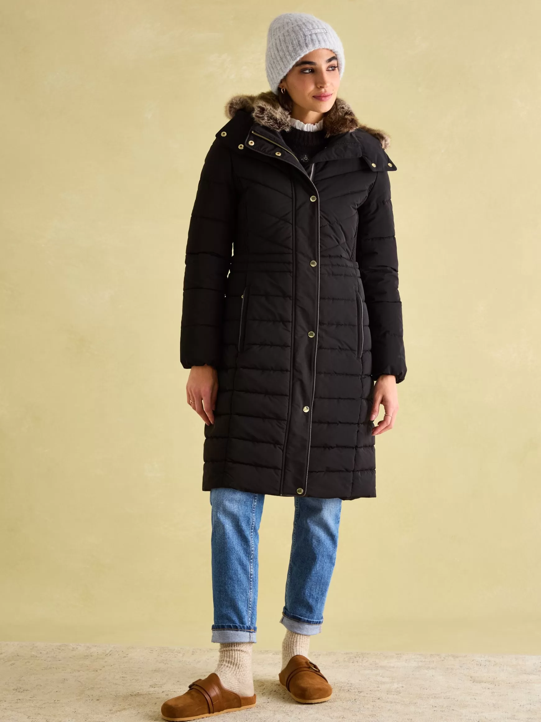 Cherington Showerproof Longline Padded Coat with Faux Fur Hood^Joules Discount
