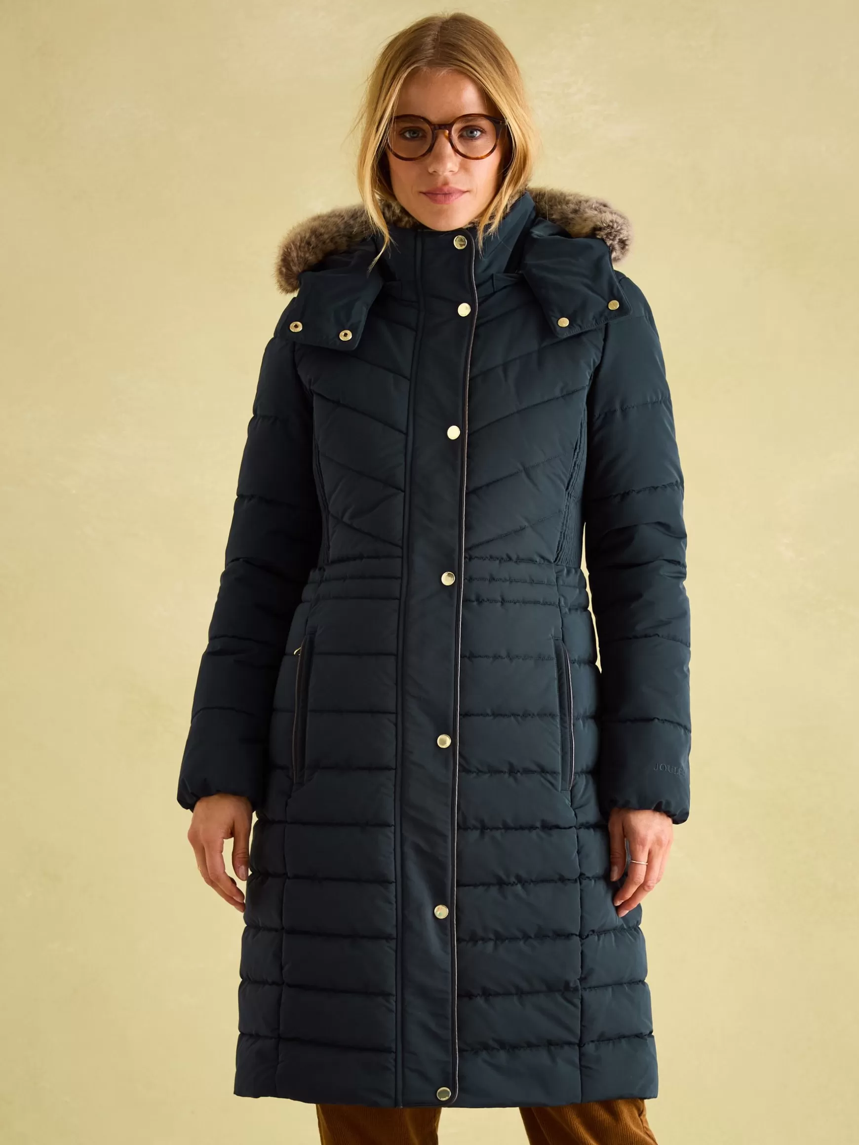 Cherington Showerproof Longline Padded Coat with Faux Fur Hood^Joules Outlet