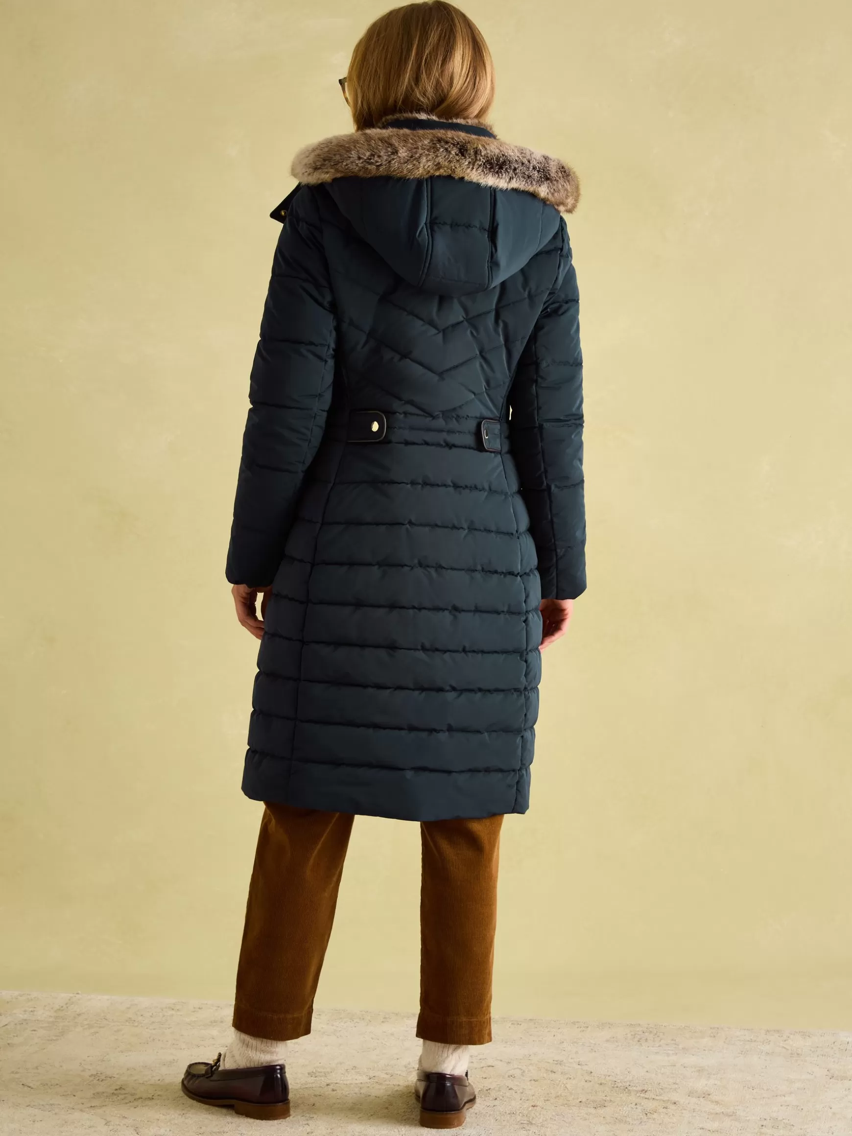 Cherington Showerproof Longline Padded Coat with Faux Fur Hood^Joules Outlet