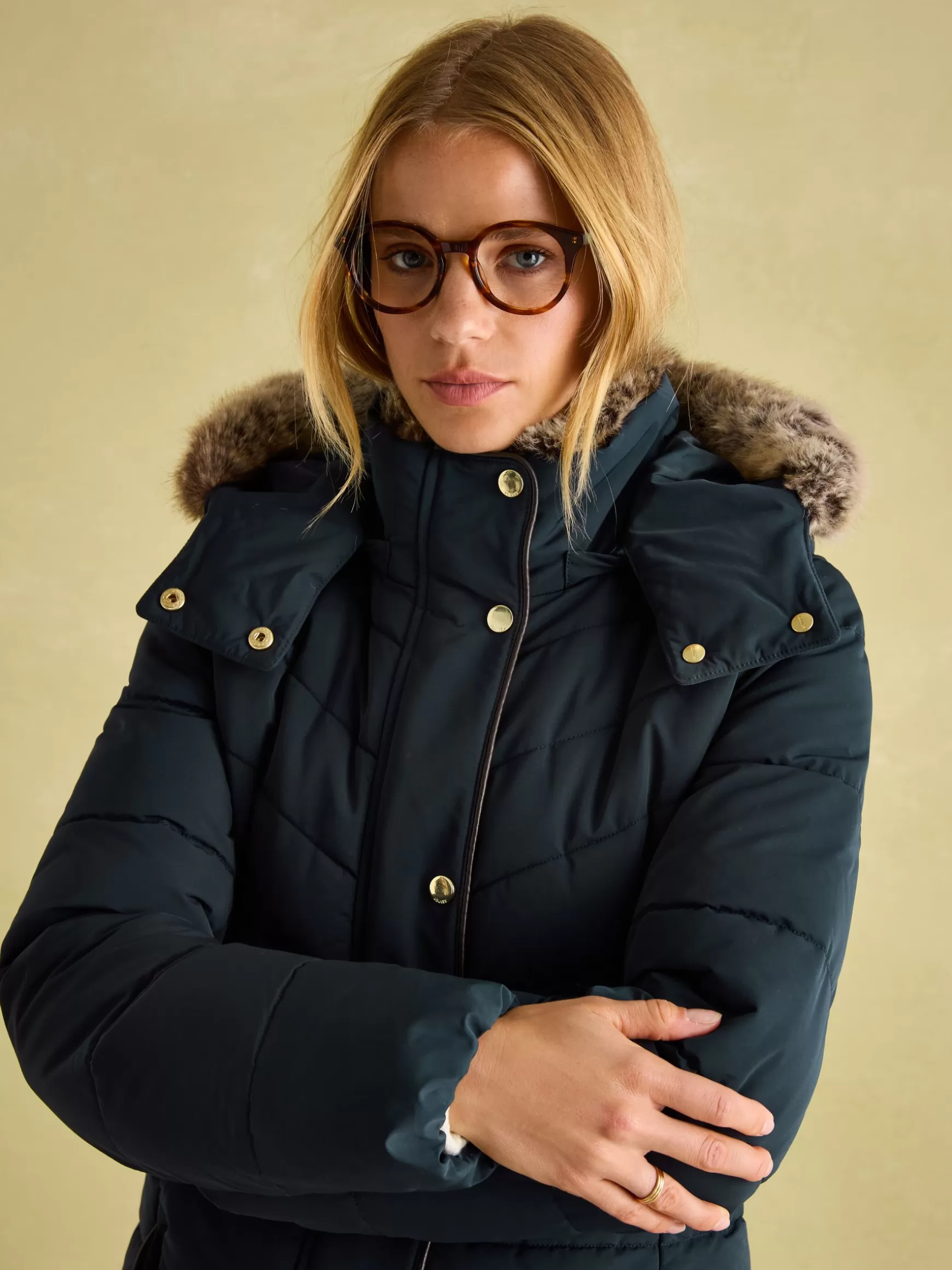 Cherington Showerproof Longline Padded Coat with Faux Fur Hood^Joules Outlet