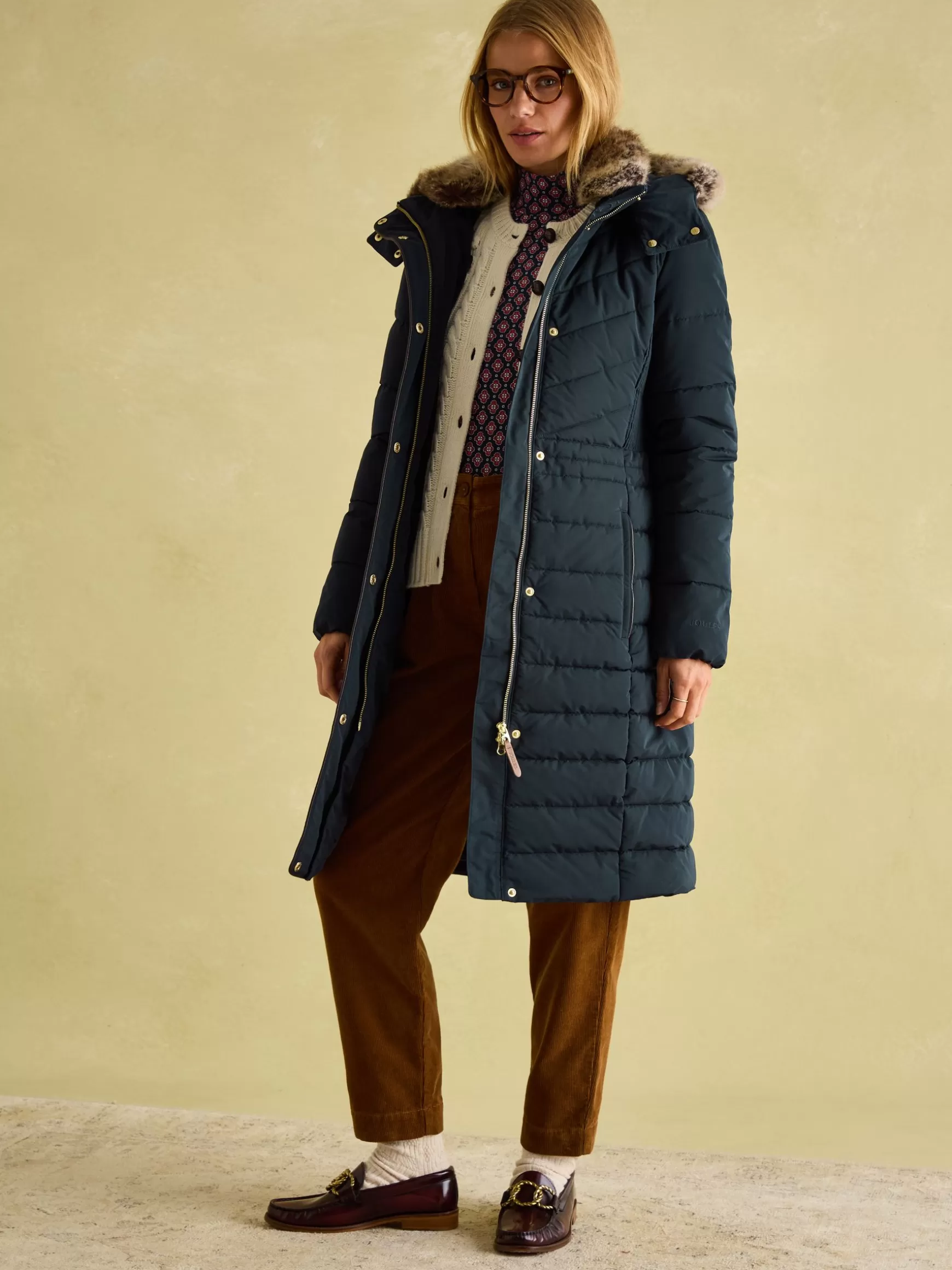 Cherington Showerproof Longline Padded Coat with Faux Fur Hood^Joules Outlet