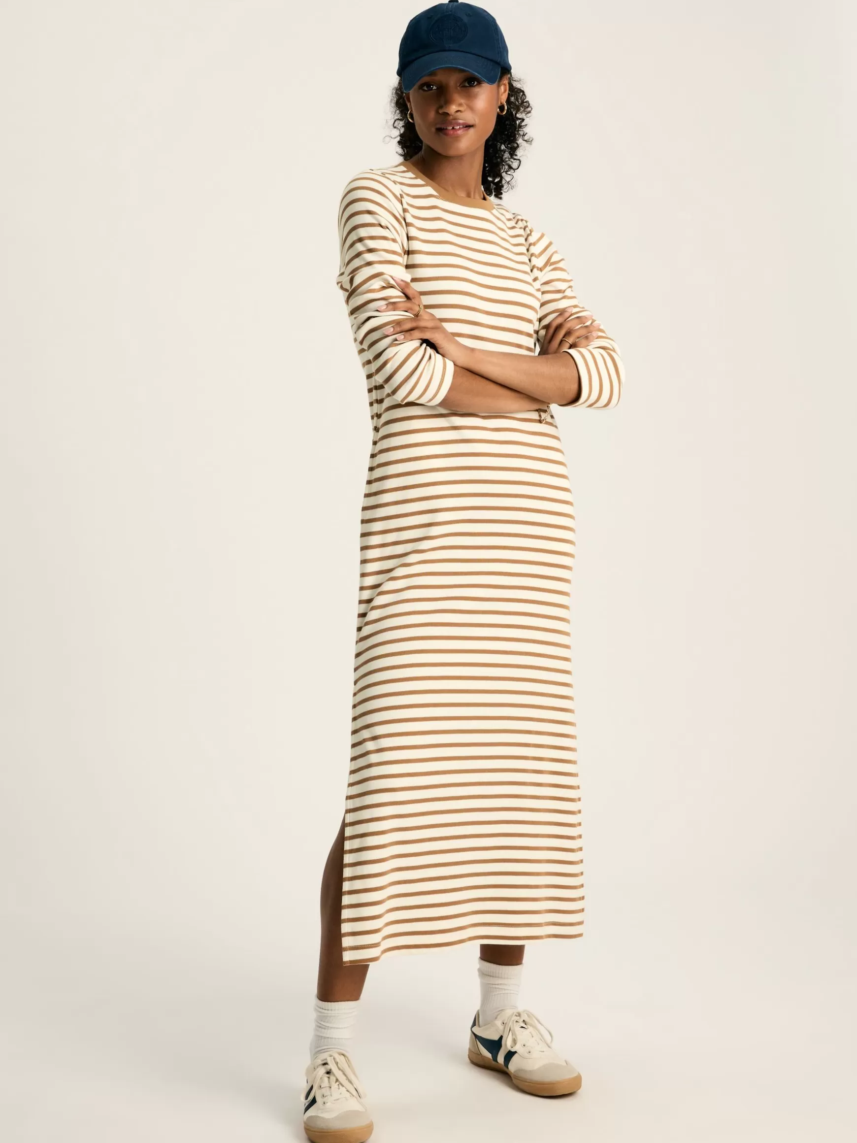 Cleo Tan Brown Striped Long Sleeve Jersey Midi Dress^Joules Clearance