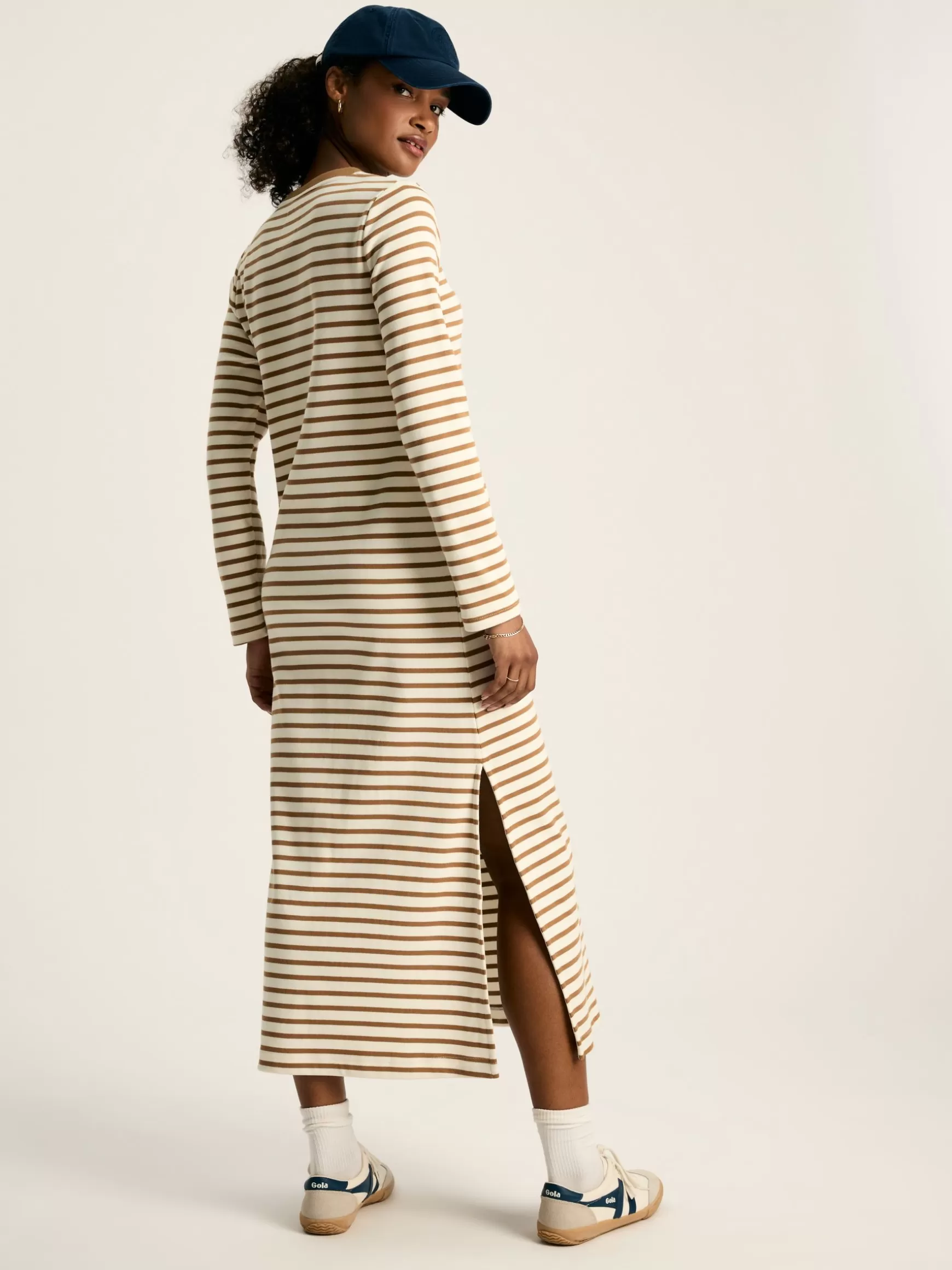 Cleo Tan Brown Striped Long Sleeve Jersey Midi Dress^Joules Clearance