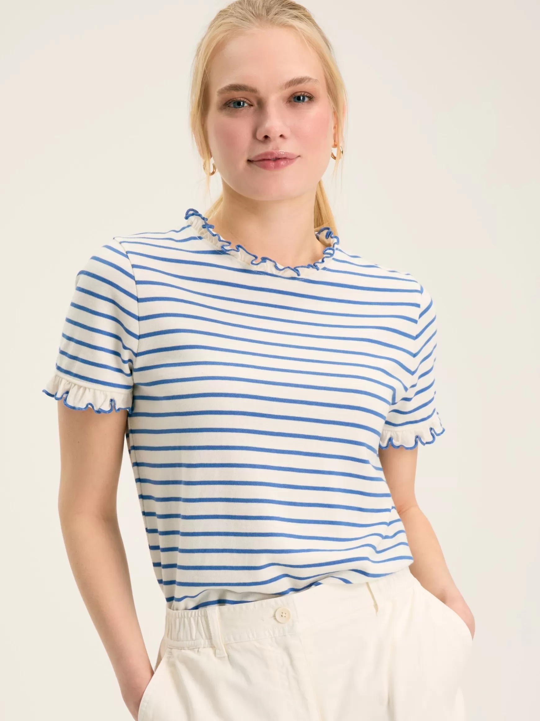 Daisy Cream & Blue Short Sleeve Frilled Neck Top^Joules Cheap