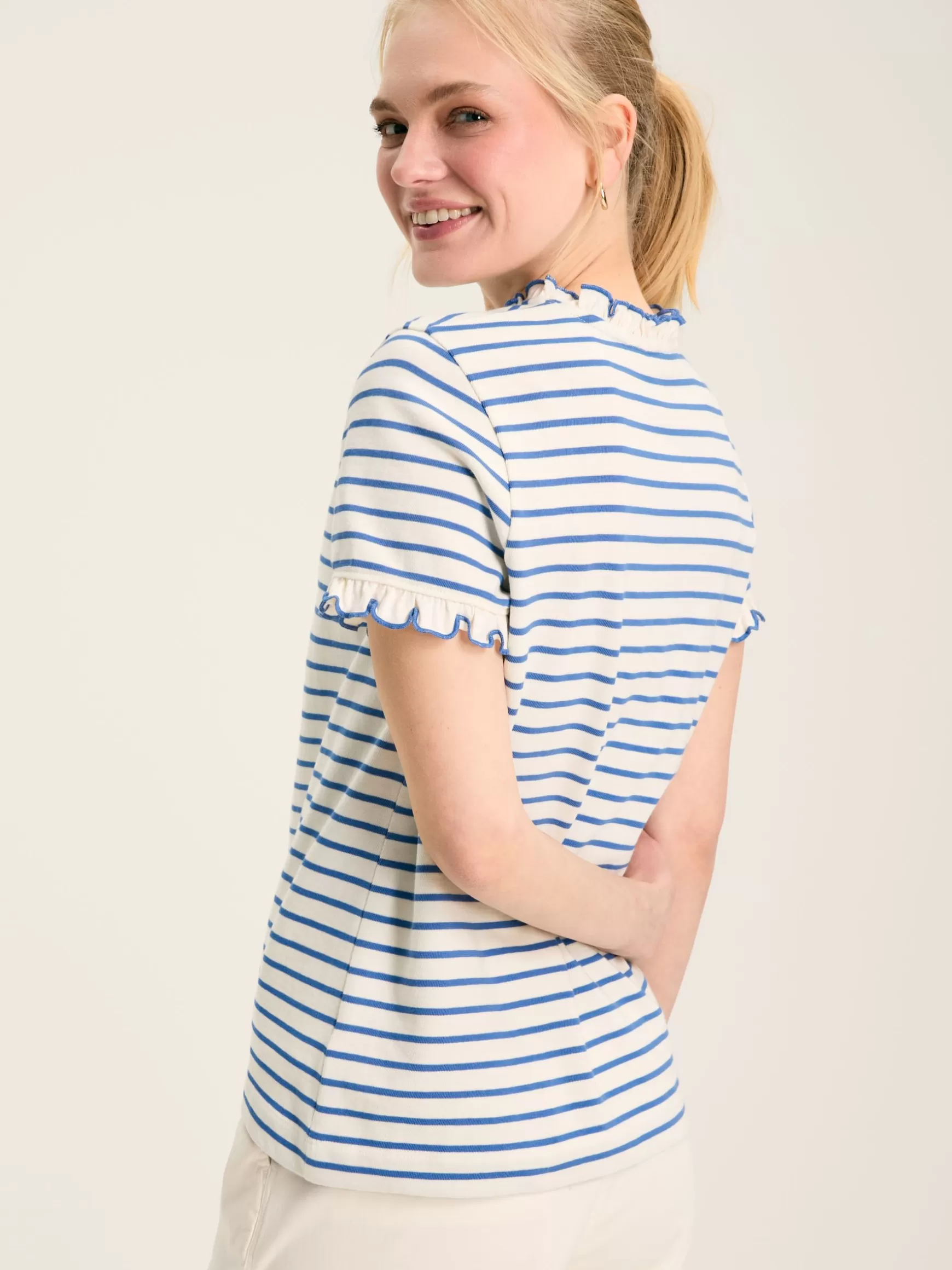 Daisy Cream & Blue Short Sleeve Frilled Neck Top^Joules Cheap
