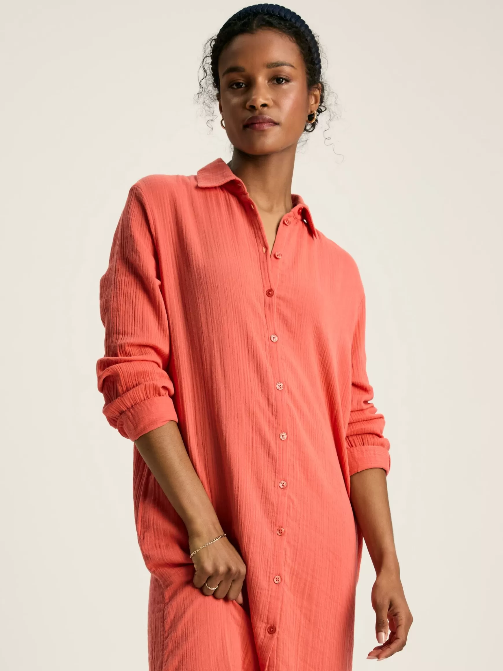 Erica Coral Pink Button Through Cotton Shirt Dress^Joules Clearance