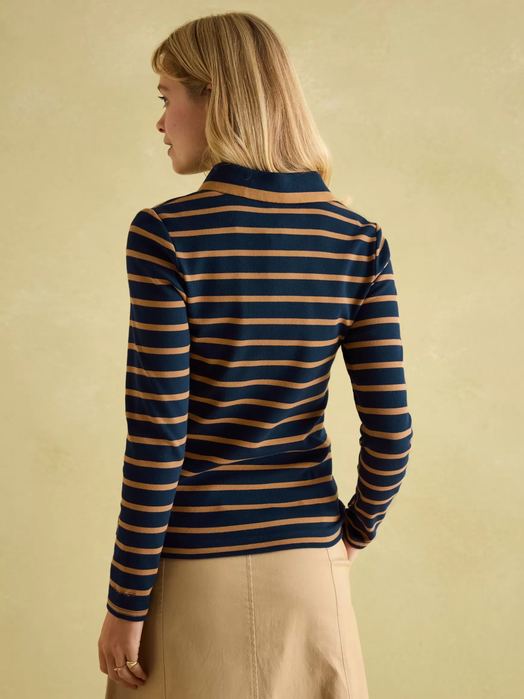 Fairfield Navy & Tan Long Sleeve Ribbed Polo Shirt^Joules Outlet