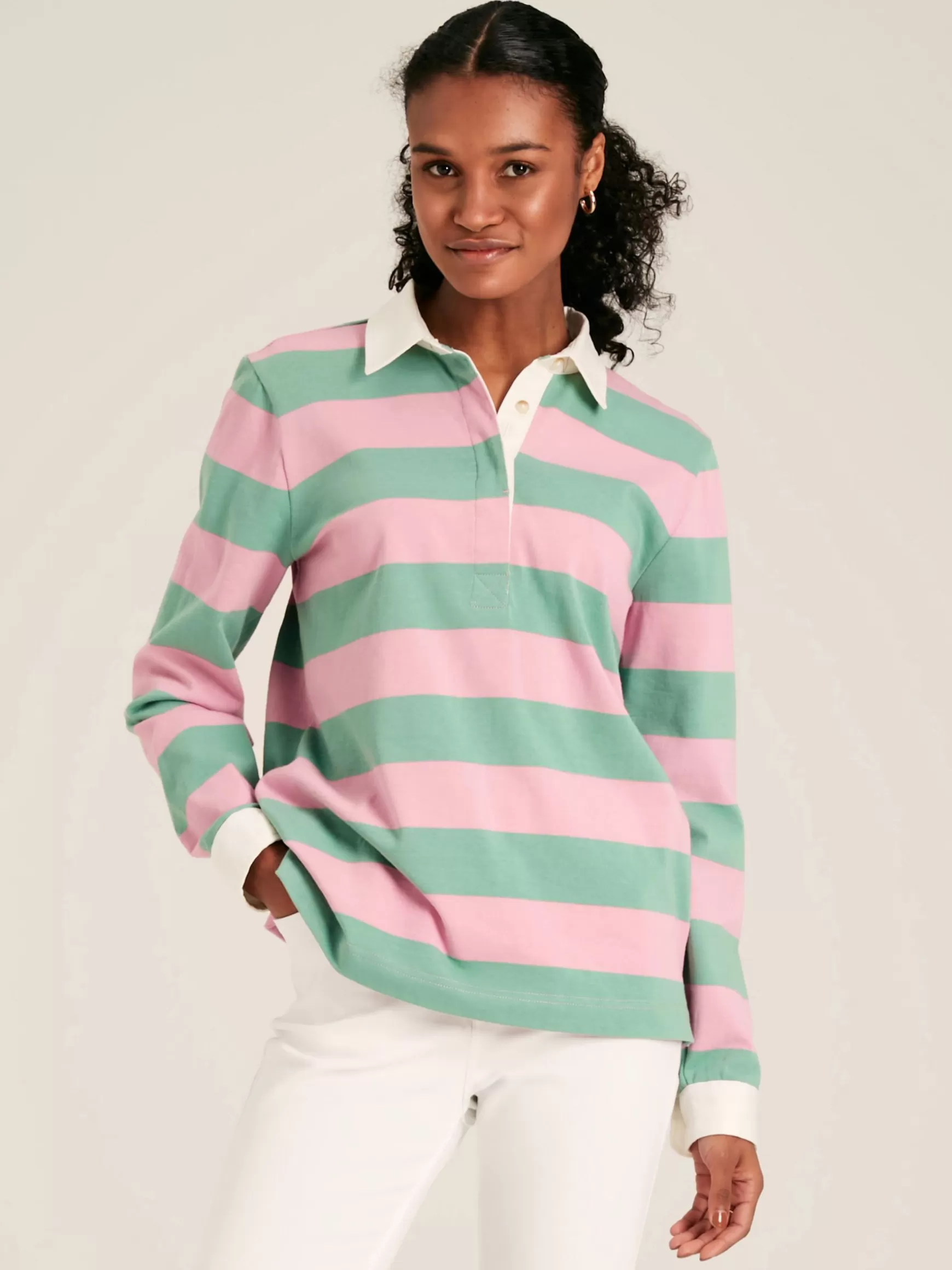 Falmouth Pink & Green Striped Cotton Rugby Shirt^Joules Fashion