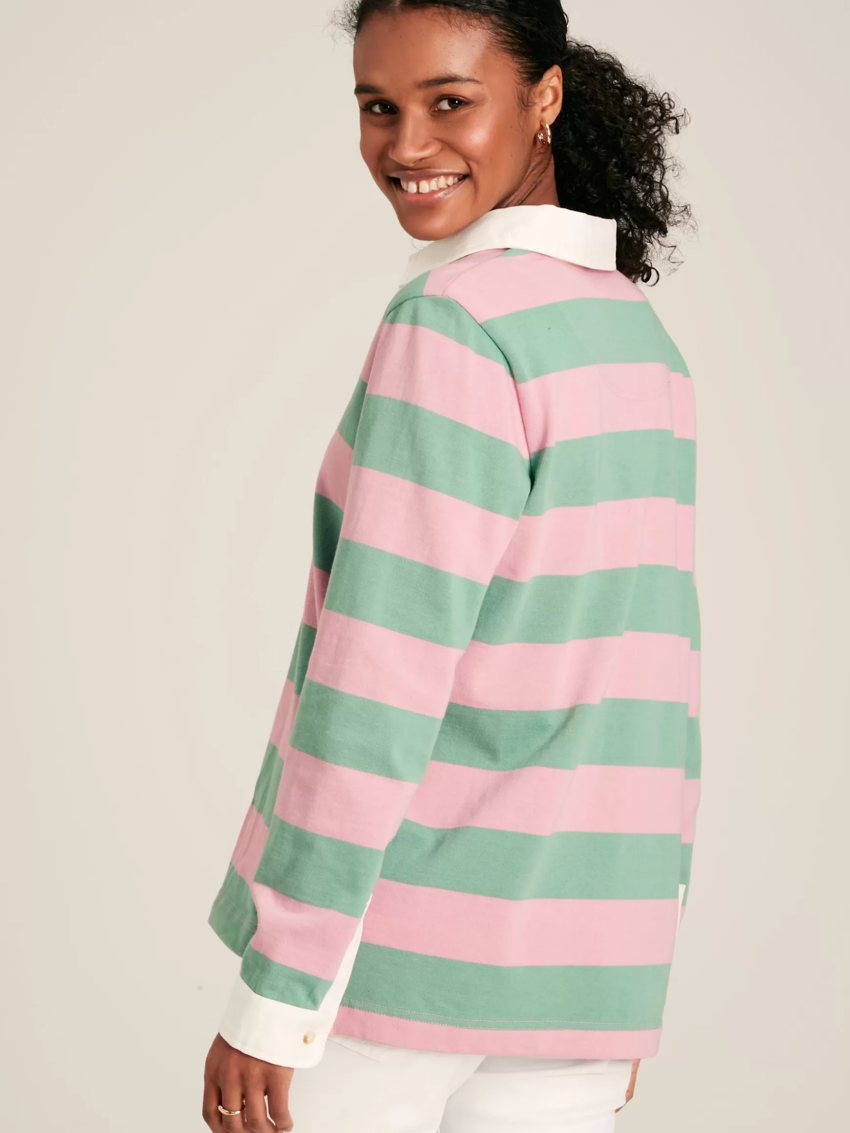 Falmouth Pink & Green Striped Cotton Rugby Shirt^Joules Fashion