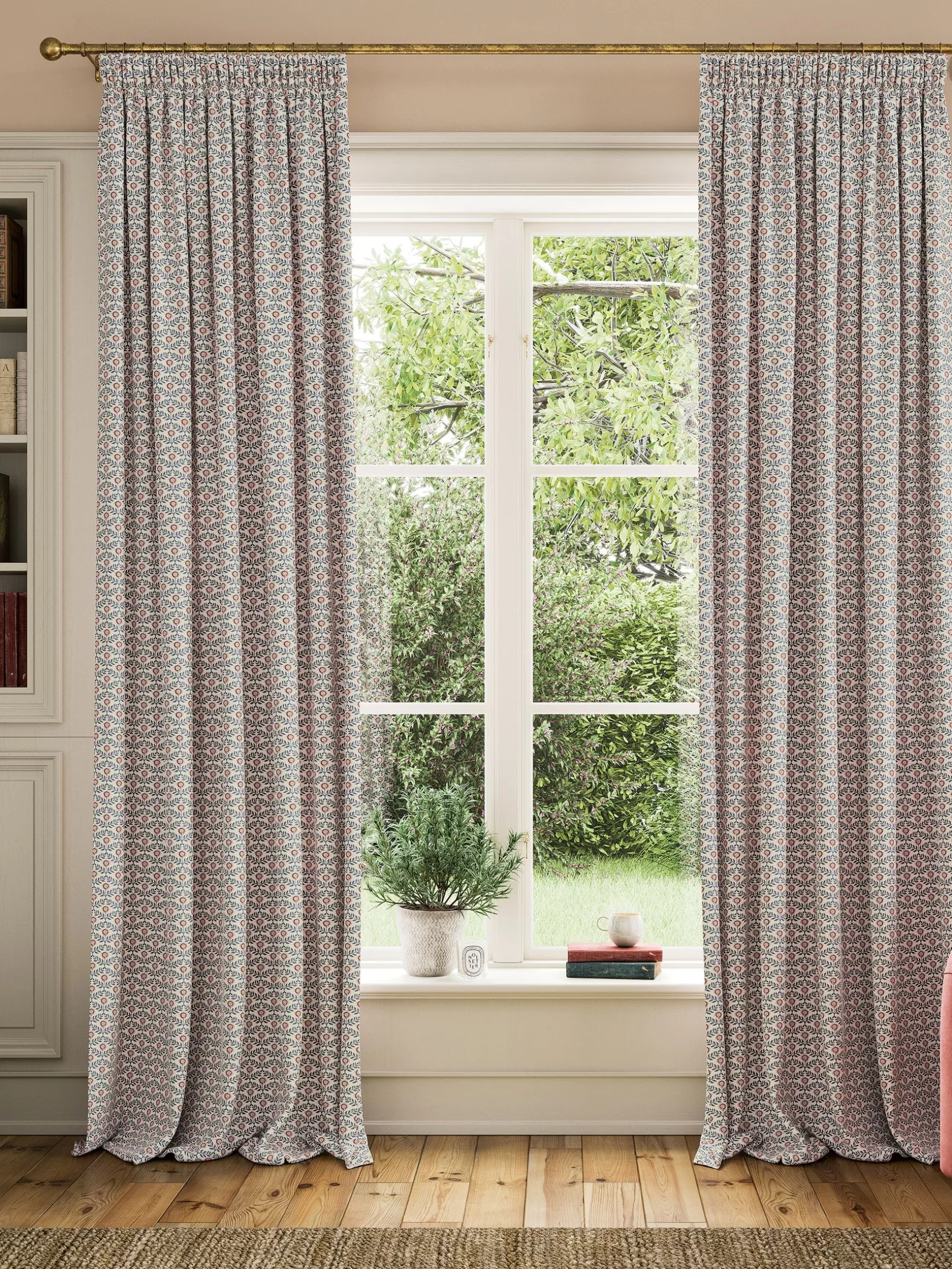 Floral Foulard Set of 2 Blue & Cream Blackout Pencil Pleat Curtains^Joules Shop