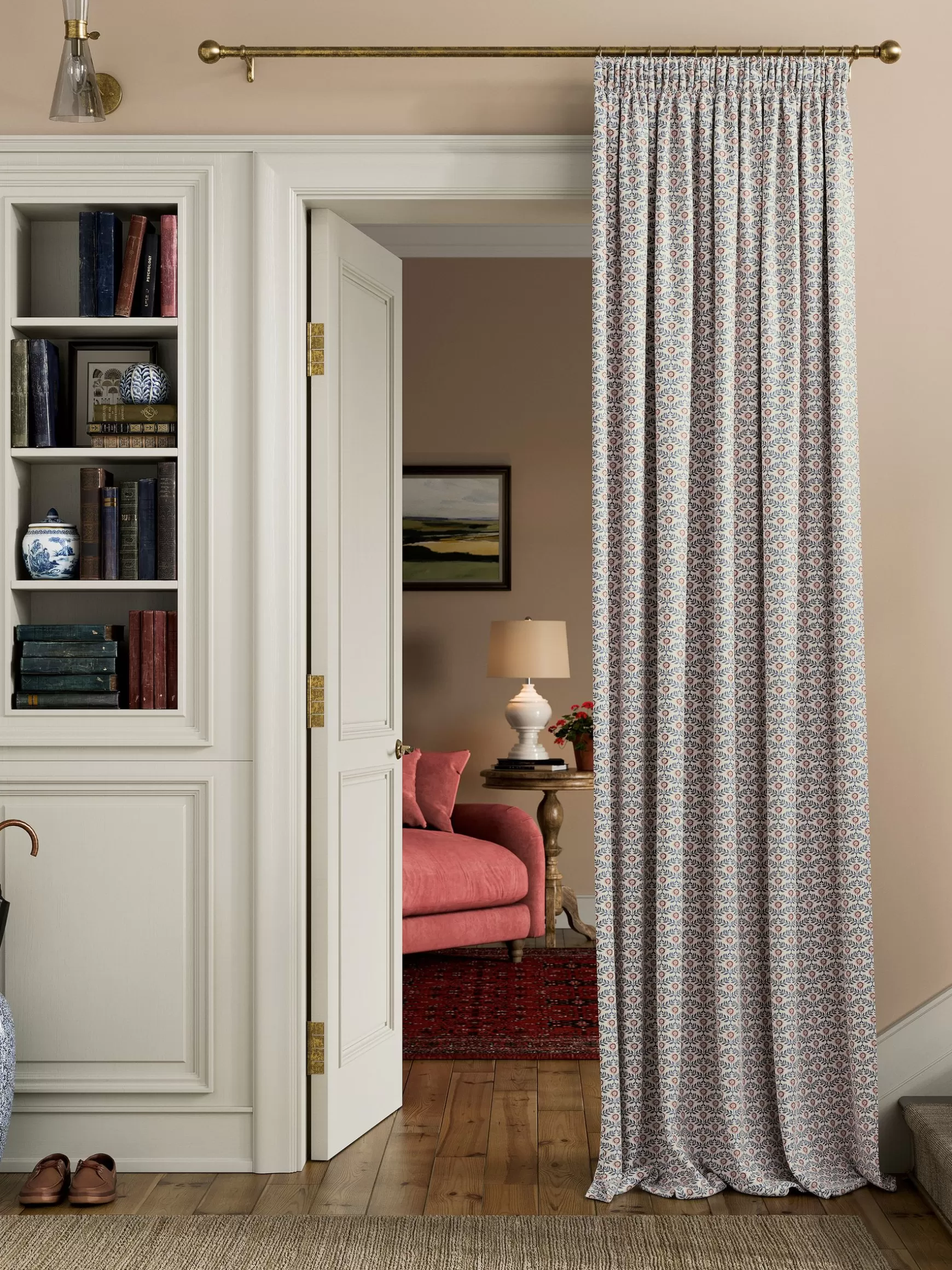 Floral Foulard Set of 2 Blue & Cream Blackout Pencil Pleat Curtains^Joules Shop
