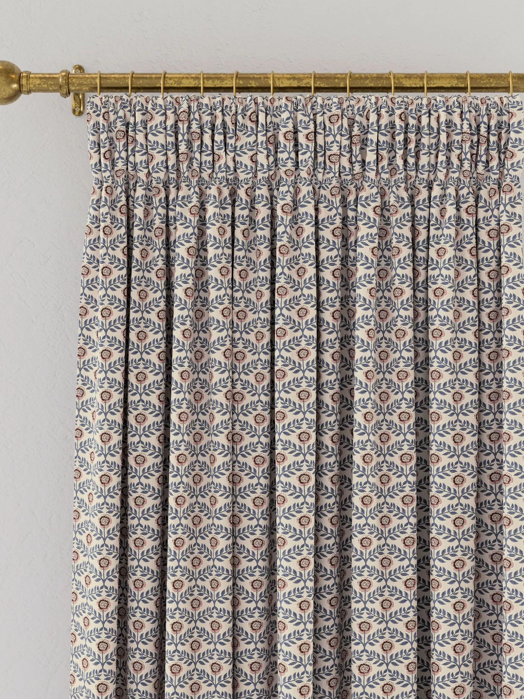 Floral Foulard Set of 2 Blue & Cream Blackout Pencil Pleat Curtains^Joules Shop
