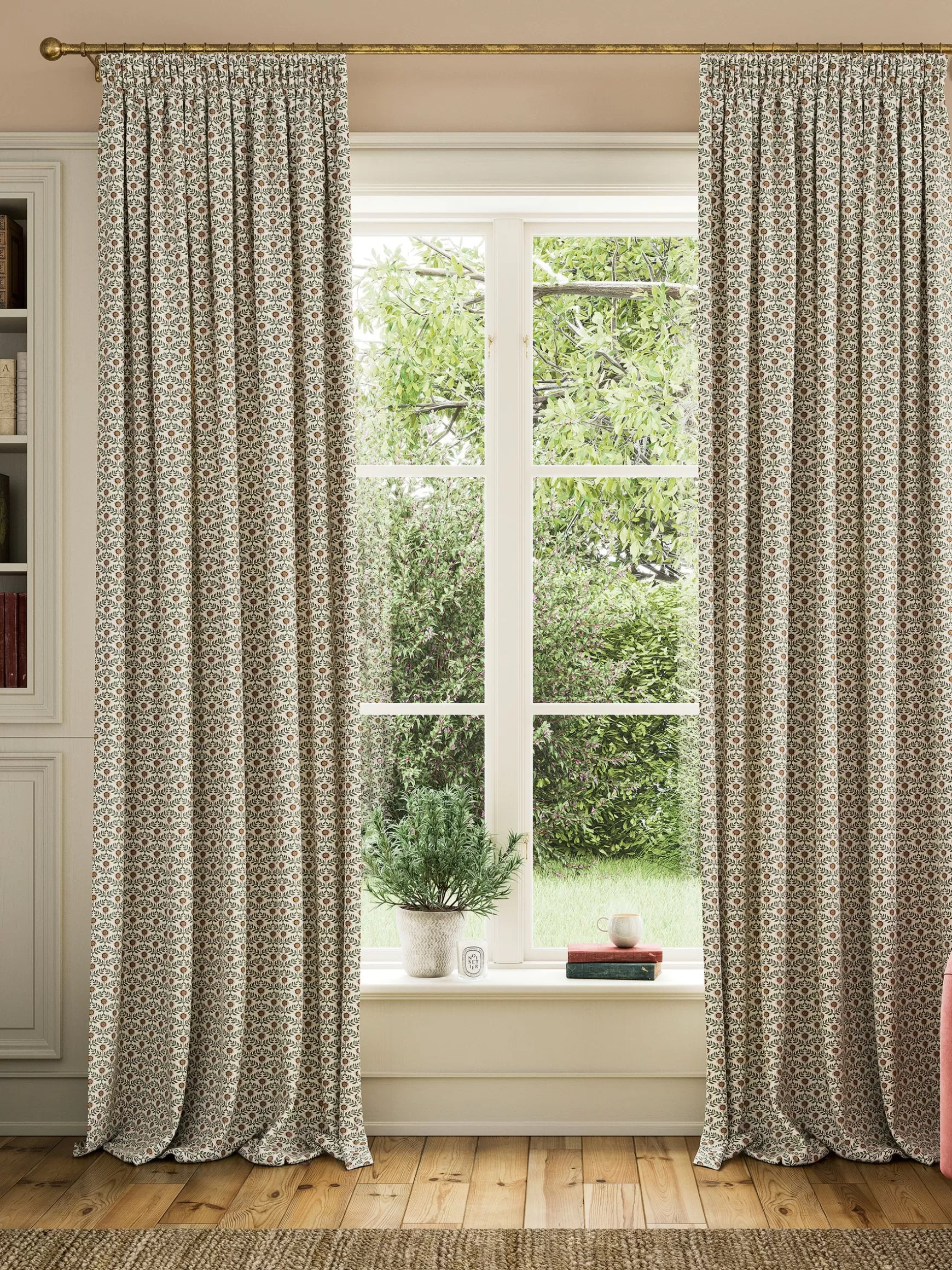 Floral Foulard Set of 2 Green & Cream Blackout Pencil Pleat Curtains^Joules Discount