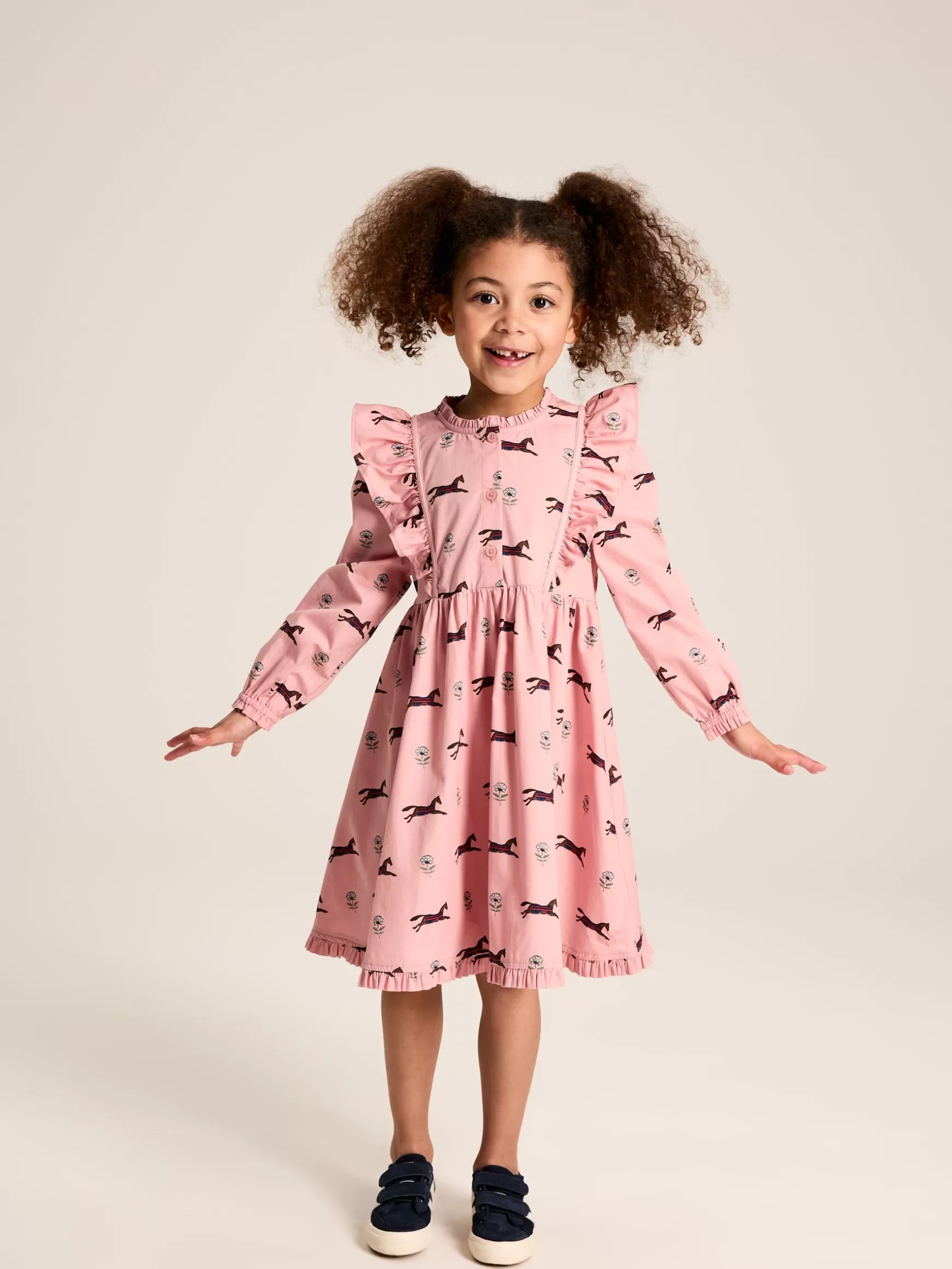 Florence Pink Horse Print Long Sleeve Frilled Dress^Joules Best Sale