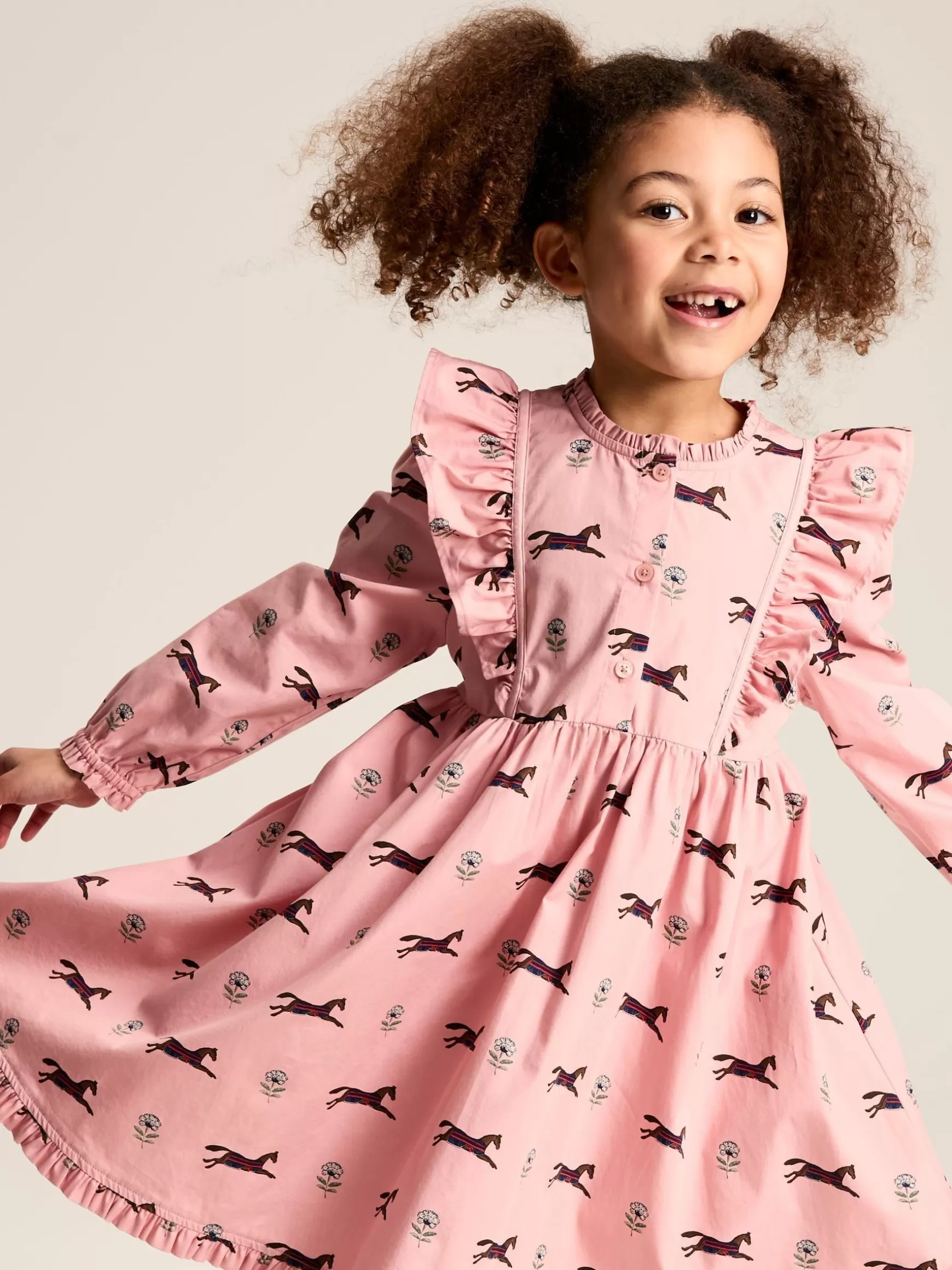 Florence Pink Horse Print Long Sleeve Frilled Dress^Joules Best Sale