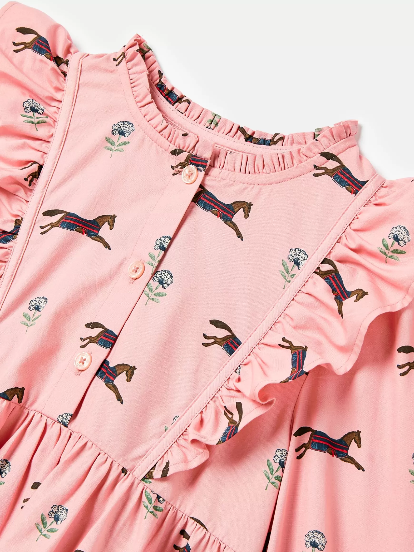 Florence Pink Horse Print Long Sleeve Frilled Dress^Joules Best Sale