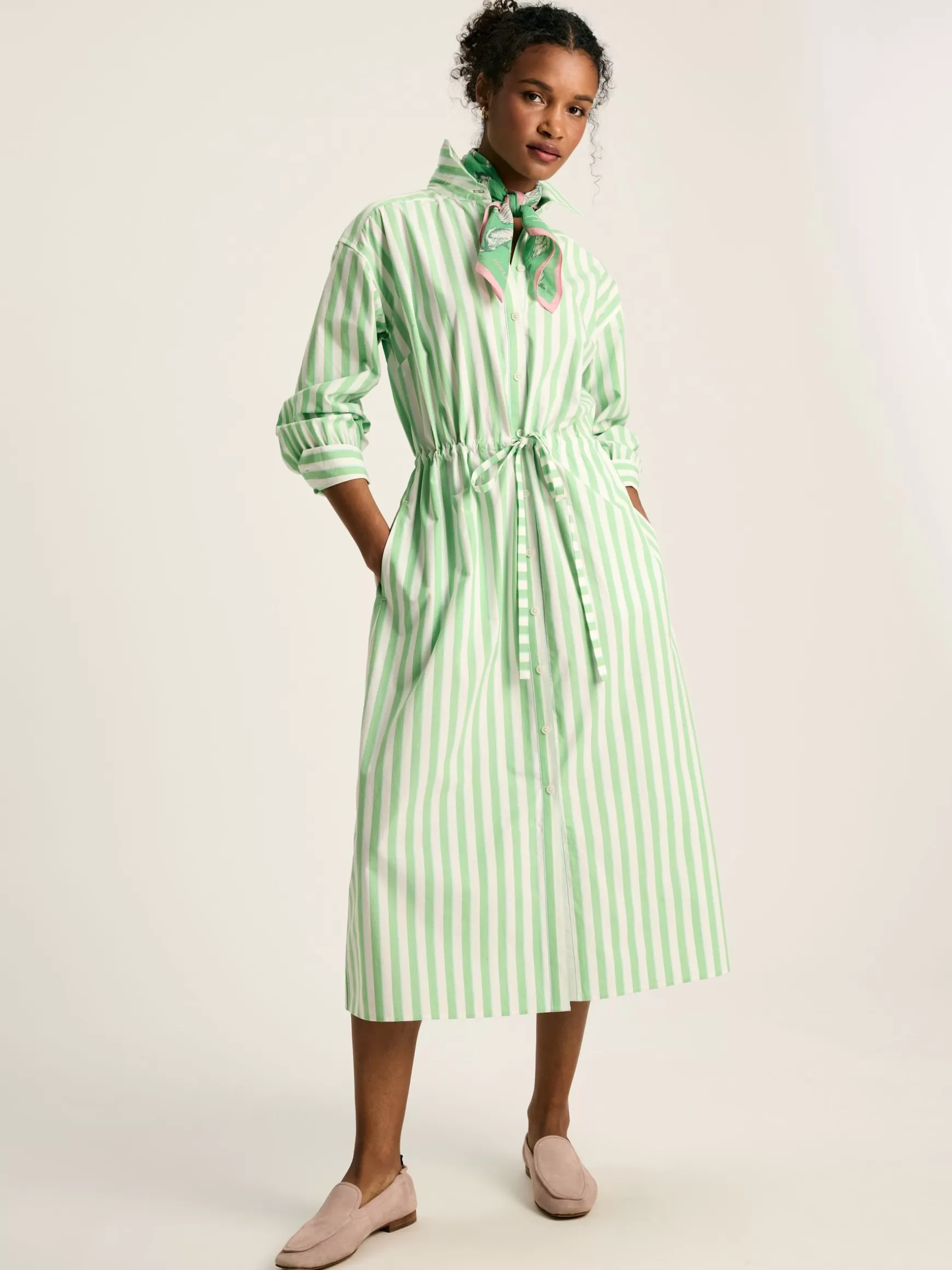 Francesca Green & White Tie Waist Shirt Dress^Joules Outlet