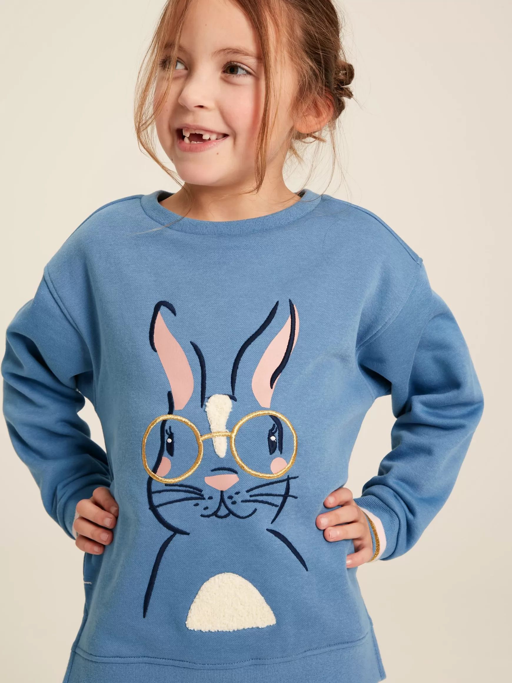 Girls' Mackenzie Blue Rabbit Embroidered Artwork Crew Neck Sweatshirt^Joules Best Sale