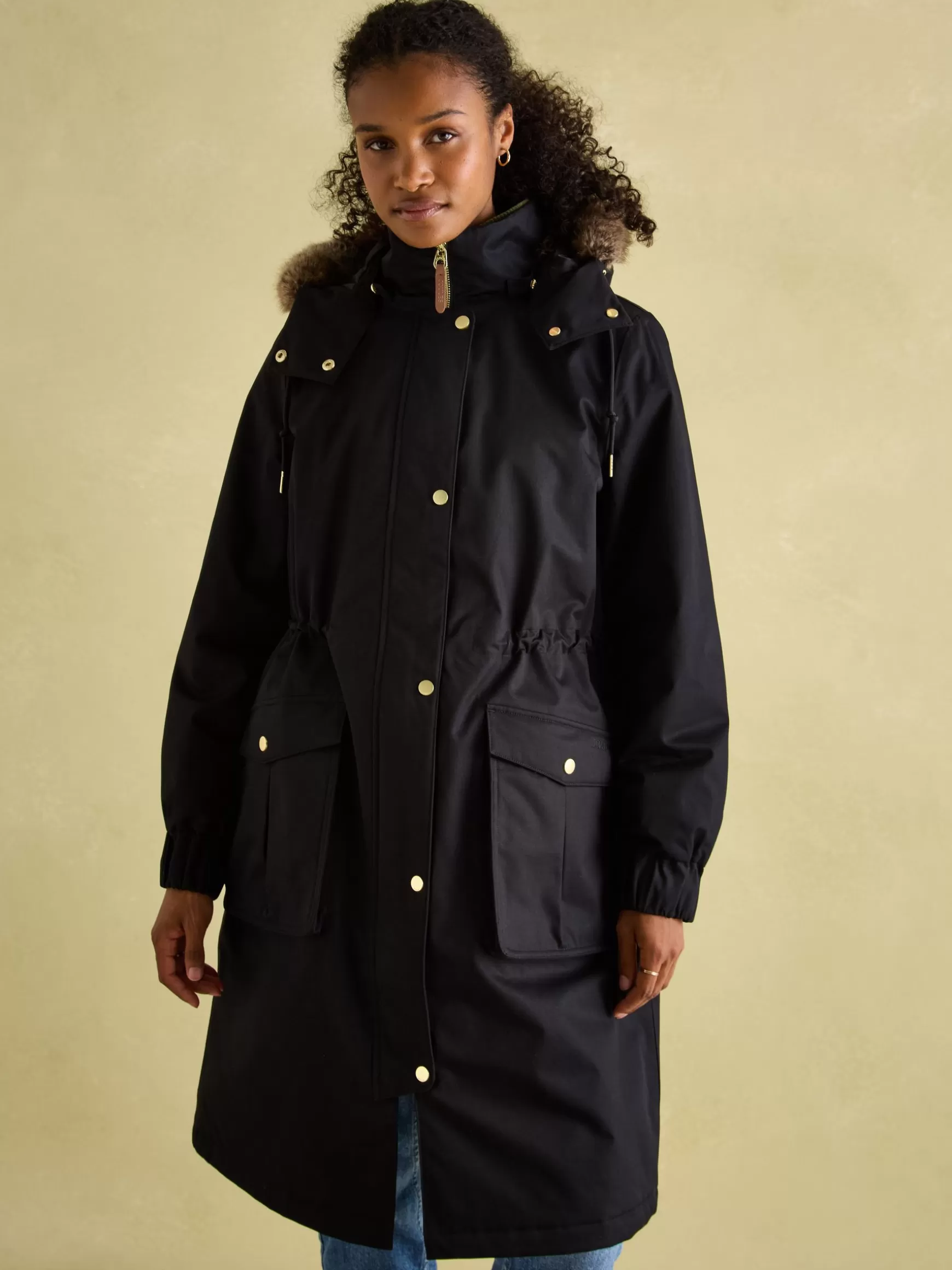 Harpsden Cosy Waterproof Fleece Lined Raincoat with Faux Fur Hood^Joules Outlet