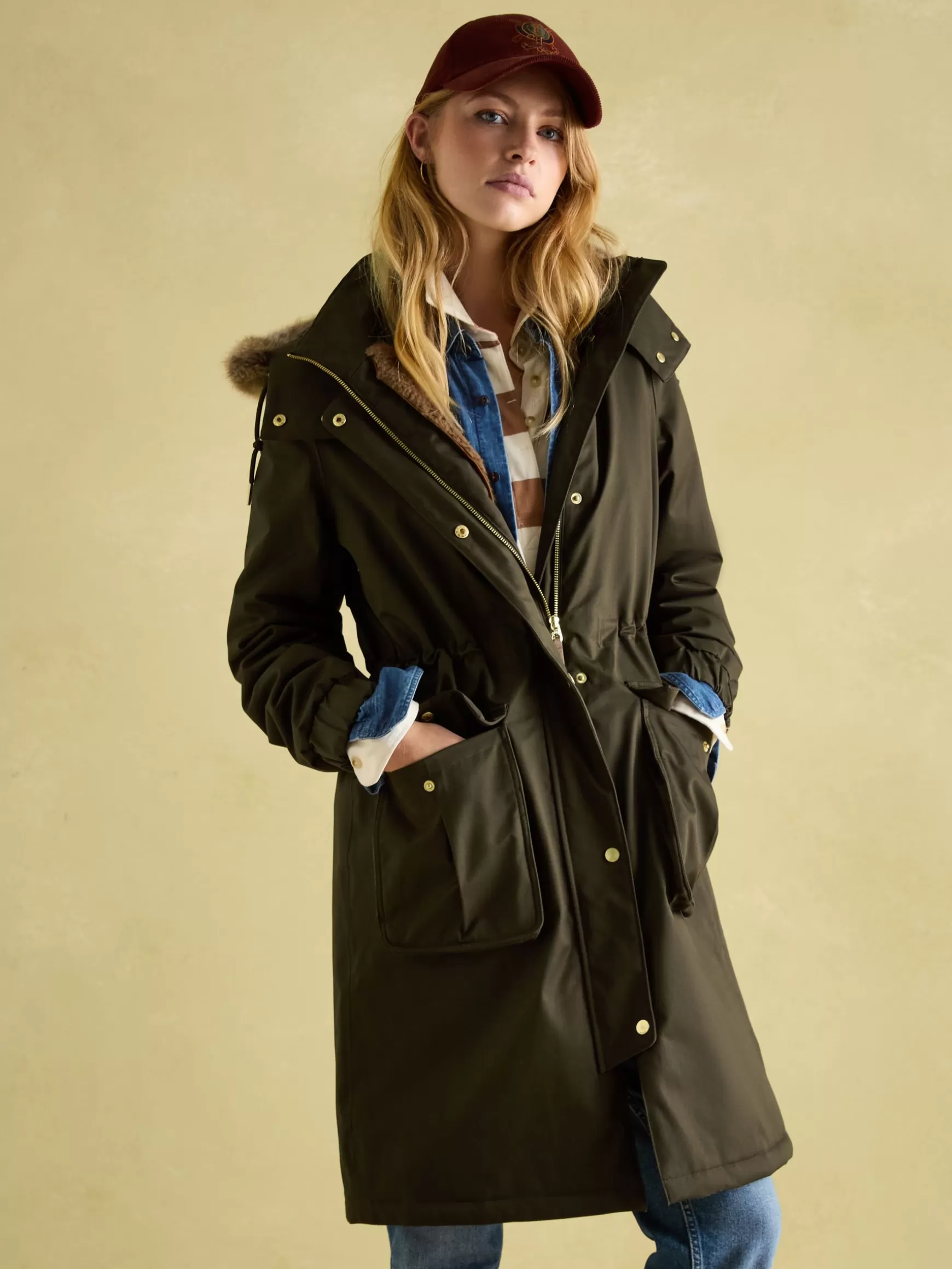 Harpsden Cosy Khaki Green Waterproof Fleece Lined Raincoat with Faux Fur Hood^Joules Store