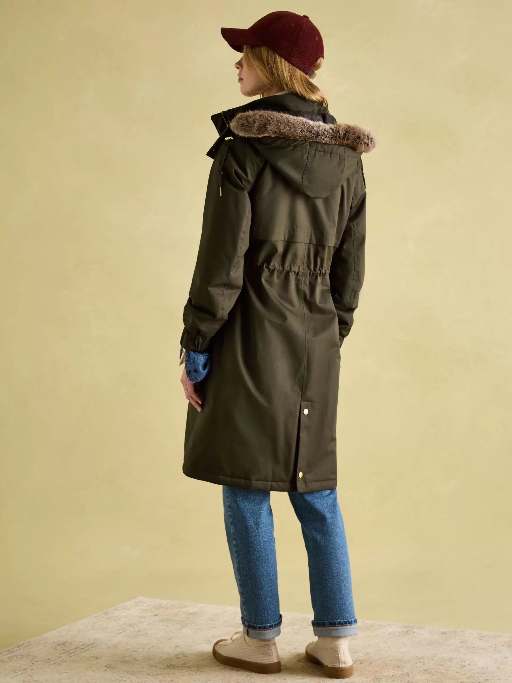 Harpsden Cosy Khaki Green Waterproof Fleece Lined Raincoat with Faux Fur Hood^Joules Store