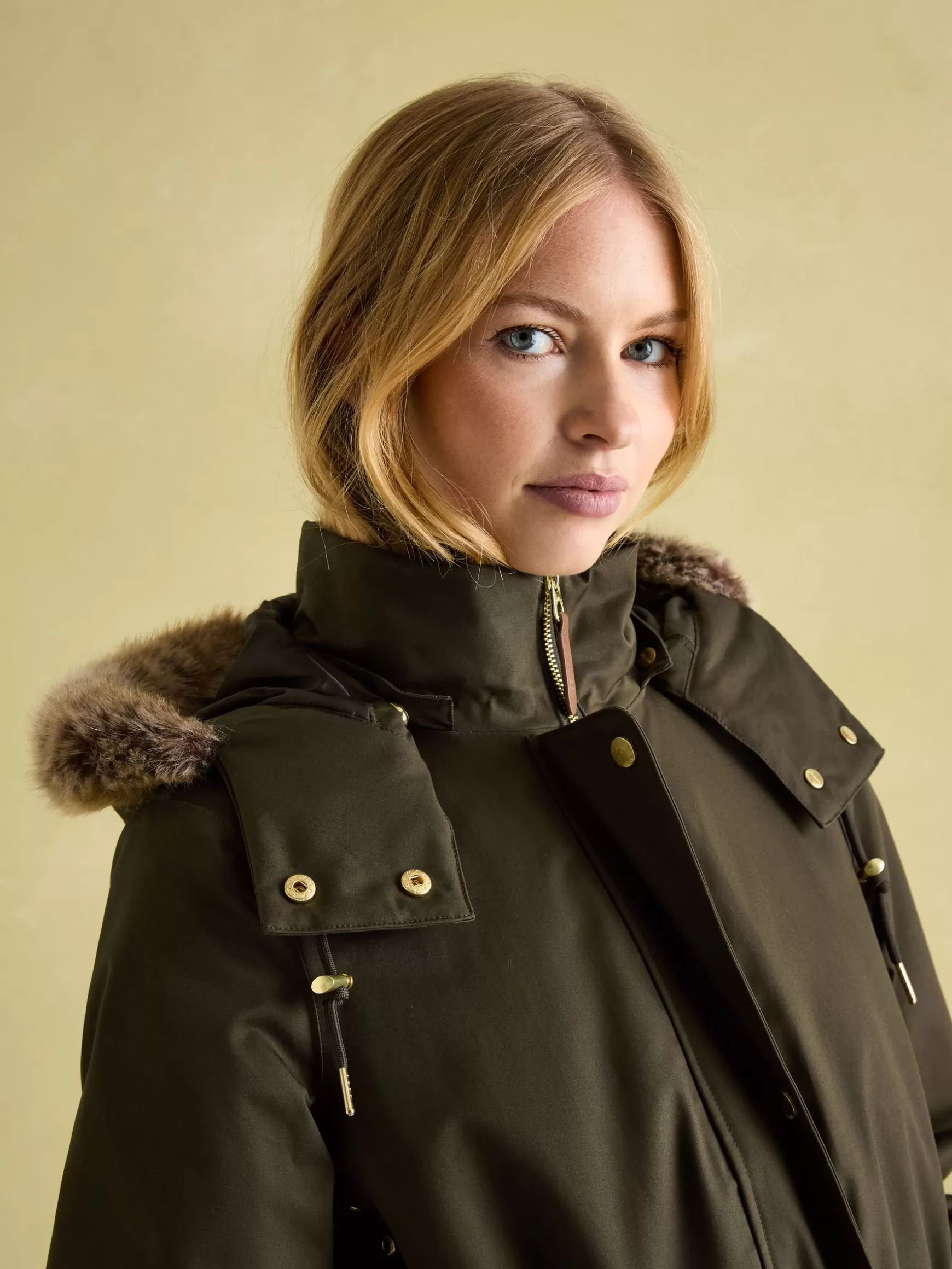 Harpsden Cosy Khaki Green Waterproof Fleece Lined Raincoat with Faux Fur Hood^Joules Store