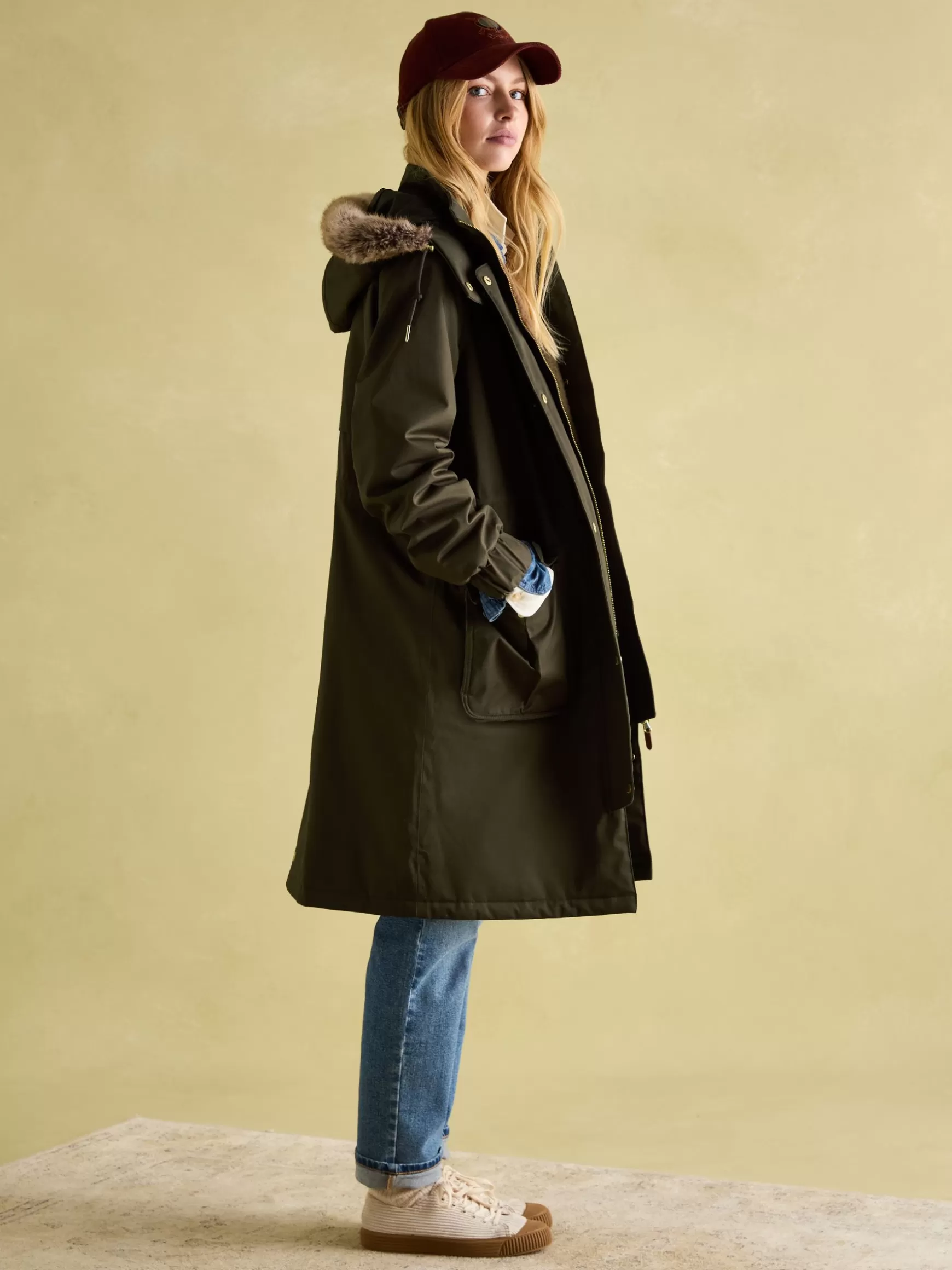 Harpsden Cosy Khaki Green Waterproof Fleece Lined Raincoat with Faux Fur Hood^Joules Store