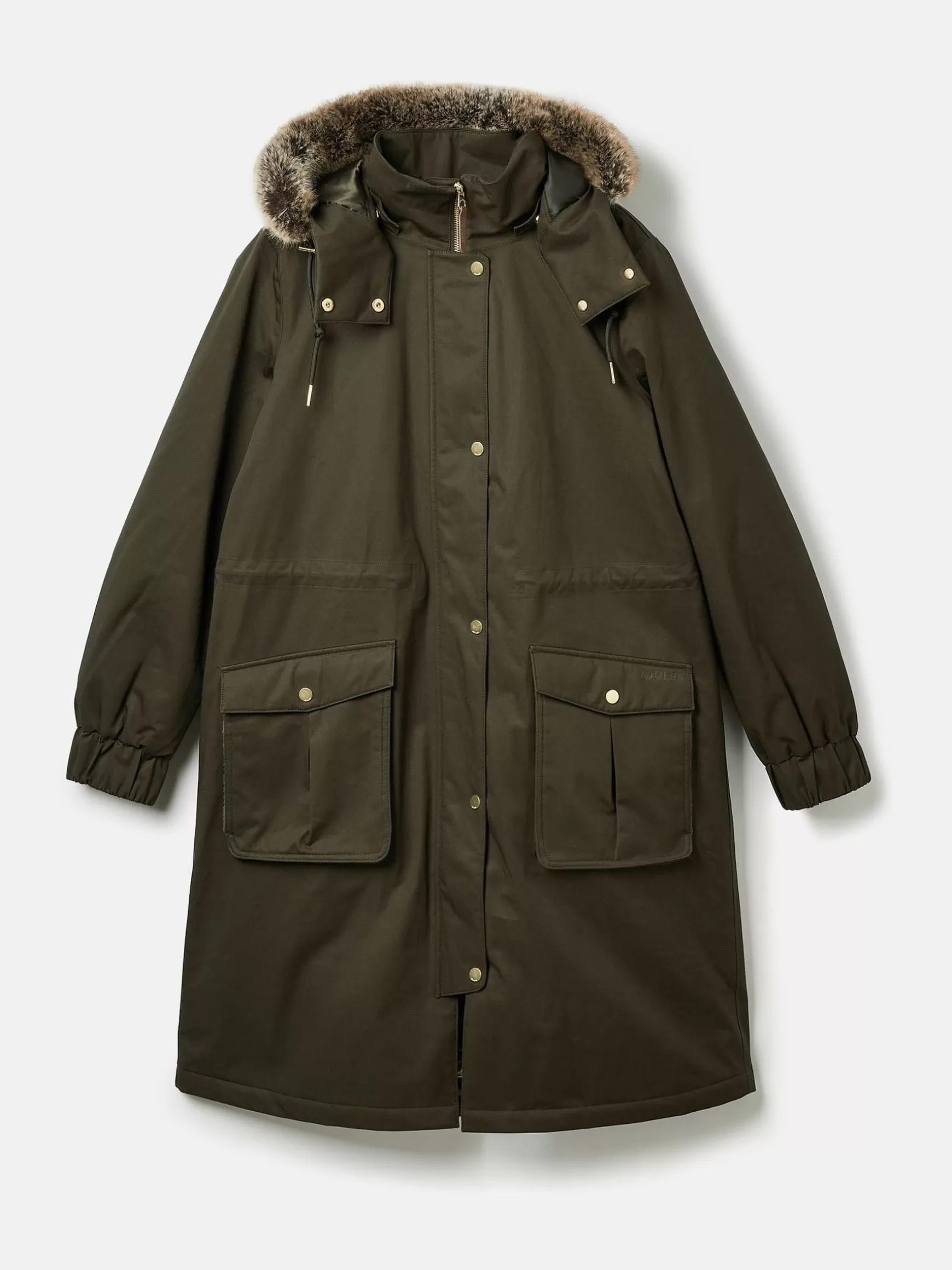 Harpsden Cosy Khaki Green Waterproof Fleece Lined Raincoat with Faux Fur Hood^Joules Store