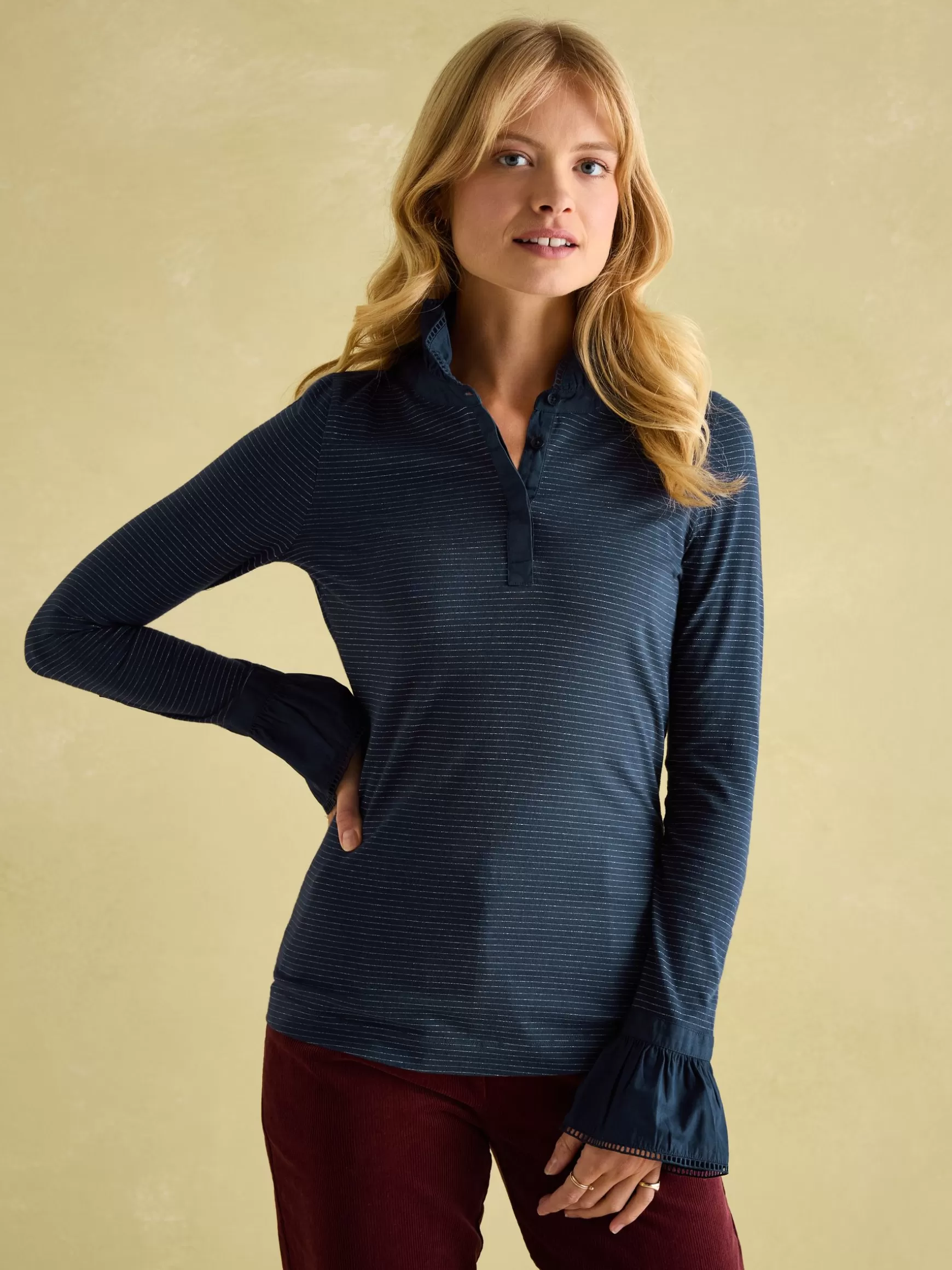Kate Navy Sparkle Long Sleeve Frilled Neck Top^Joules Outlet