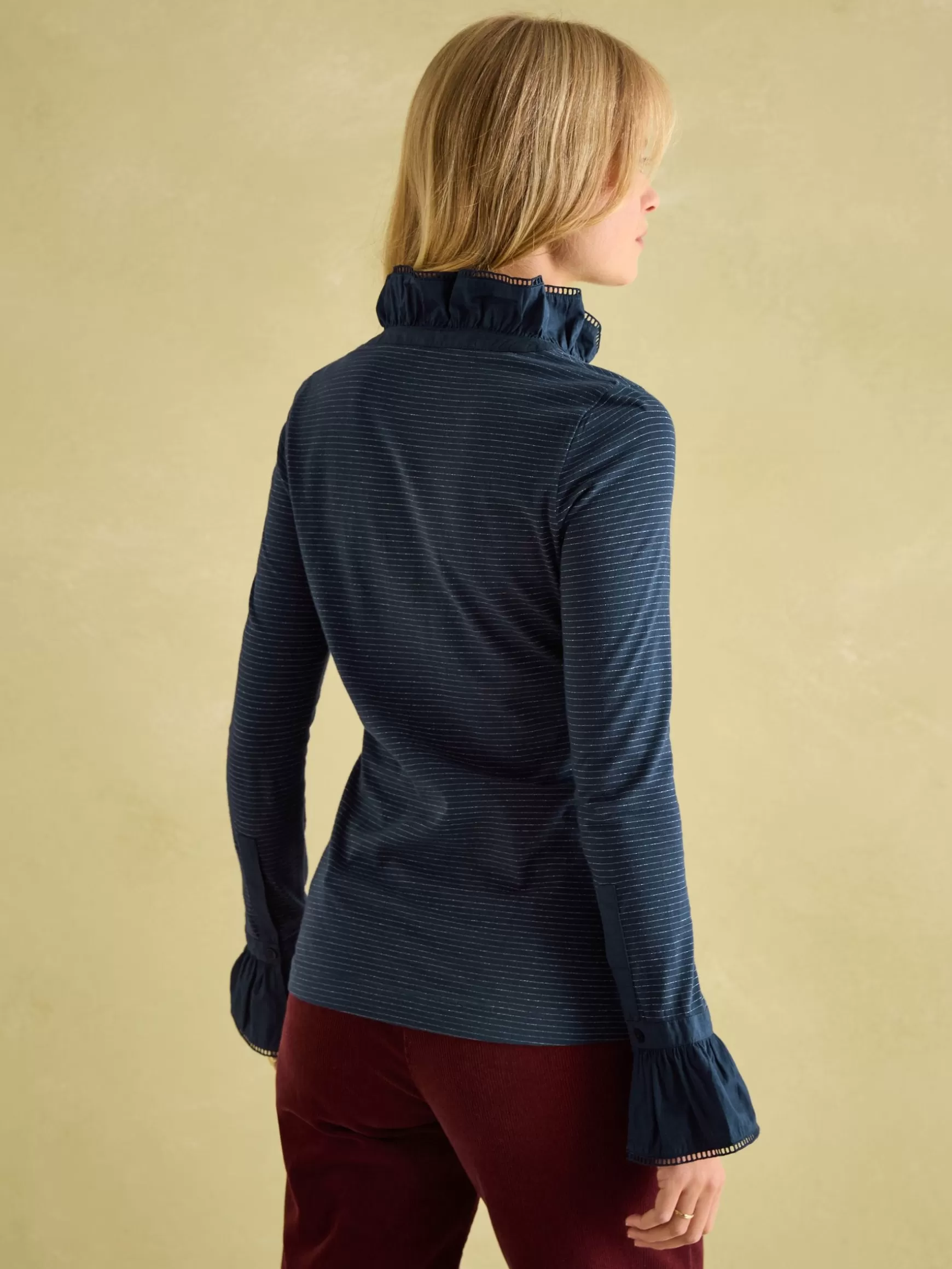 Kate Navy Sparkle Long Sleeve Frilled Neck Top^Joules Outlet