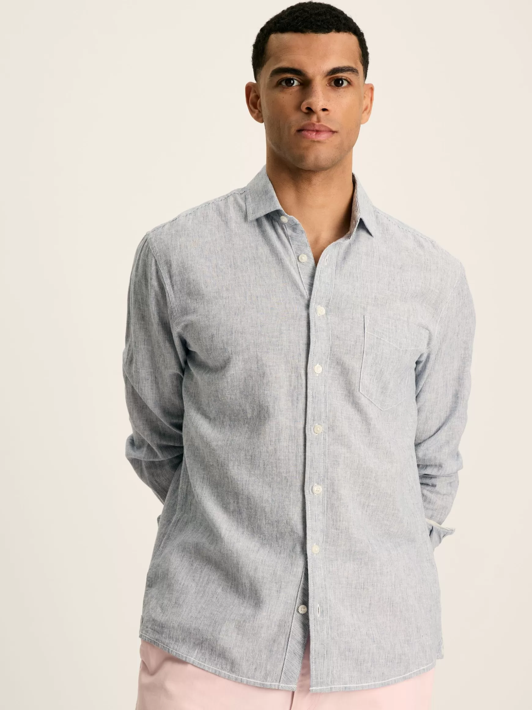 Linen Blend Blue Stripe Plain Long Sleeve Shirt^Joules Online