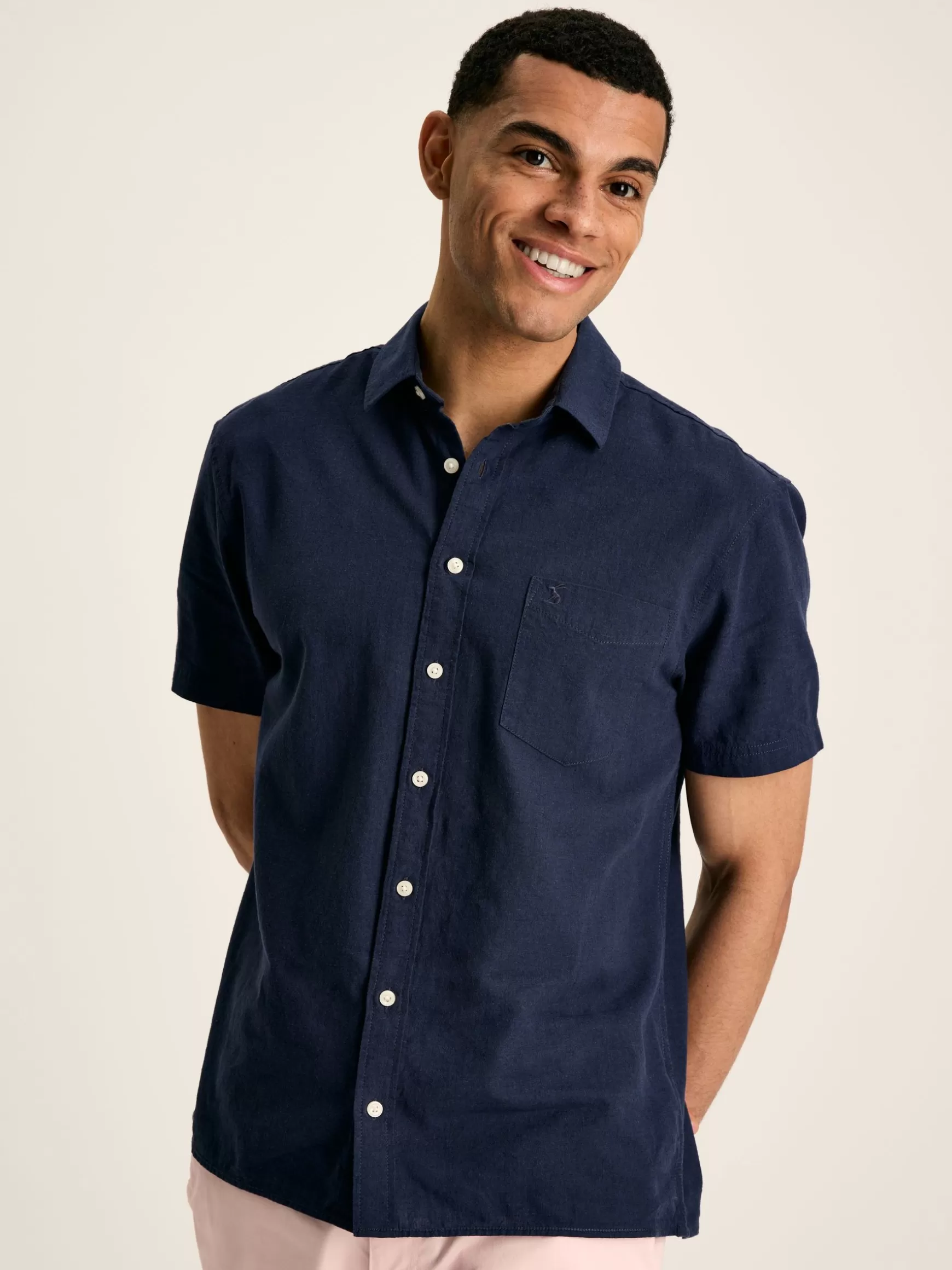 Linen Blend Navy Blue Plain Short Sleeve Shirt^Joules Sale