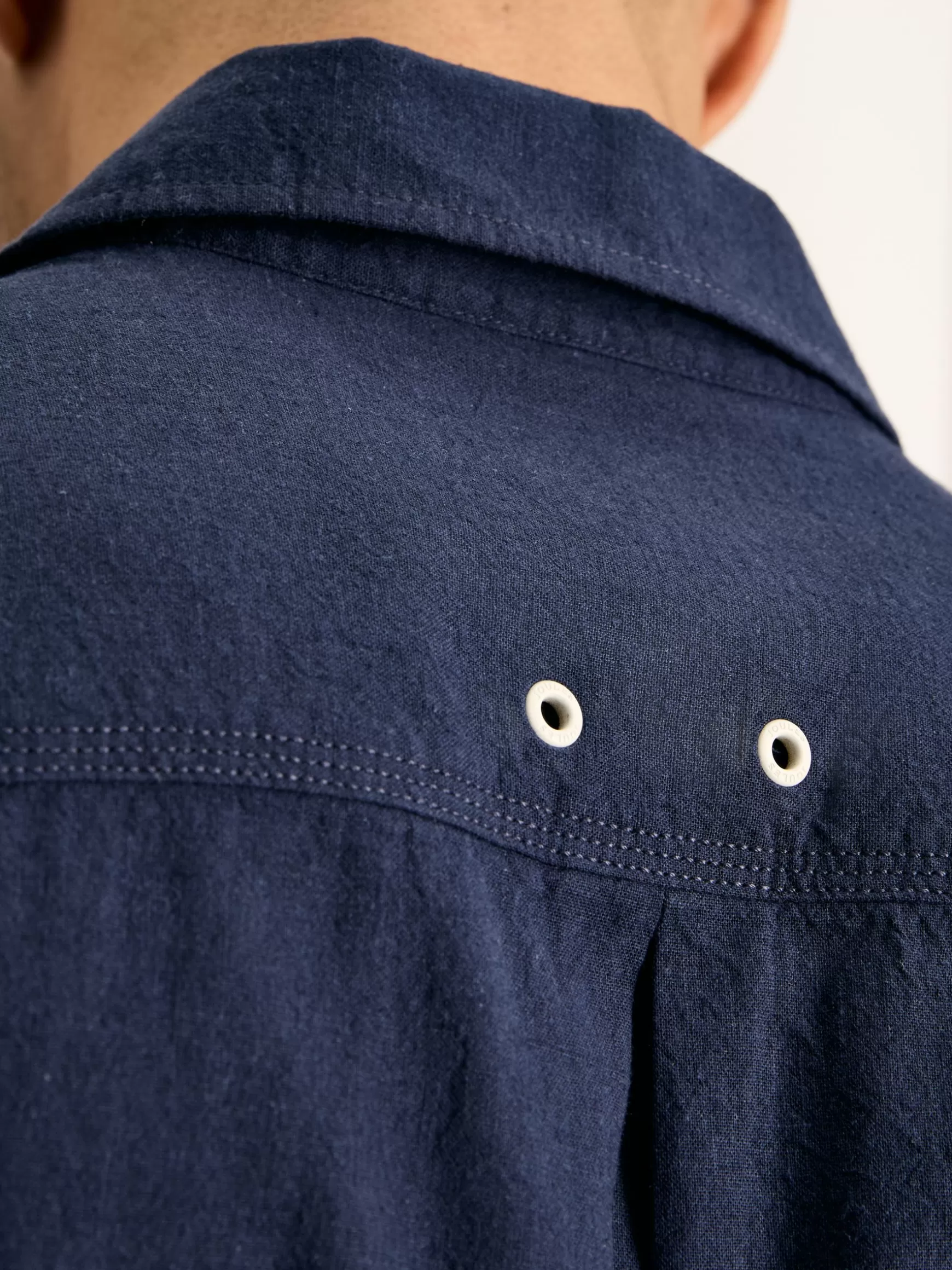 Linen Blend Navy Blue Plain Short Sleeve Shirt^Joules Sale
