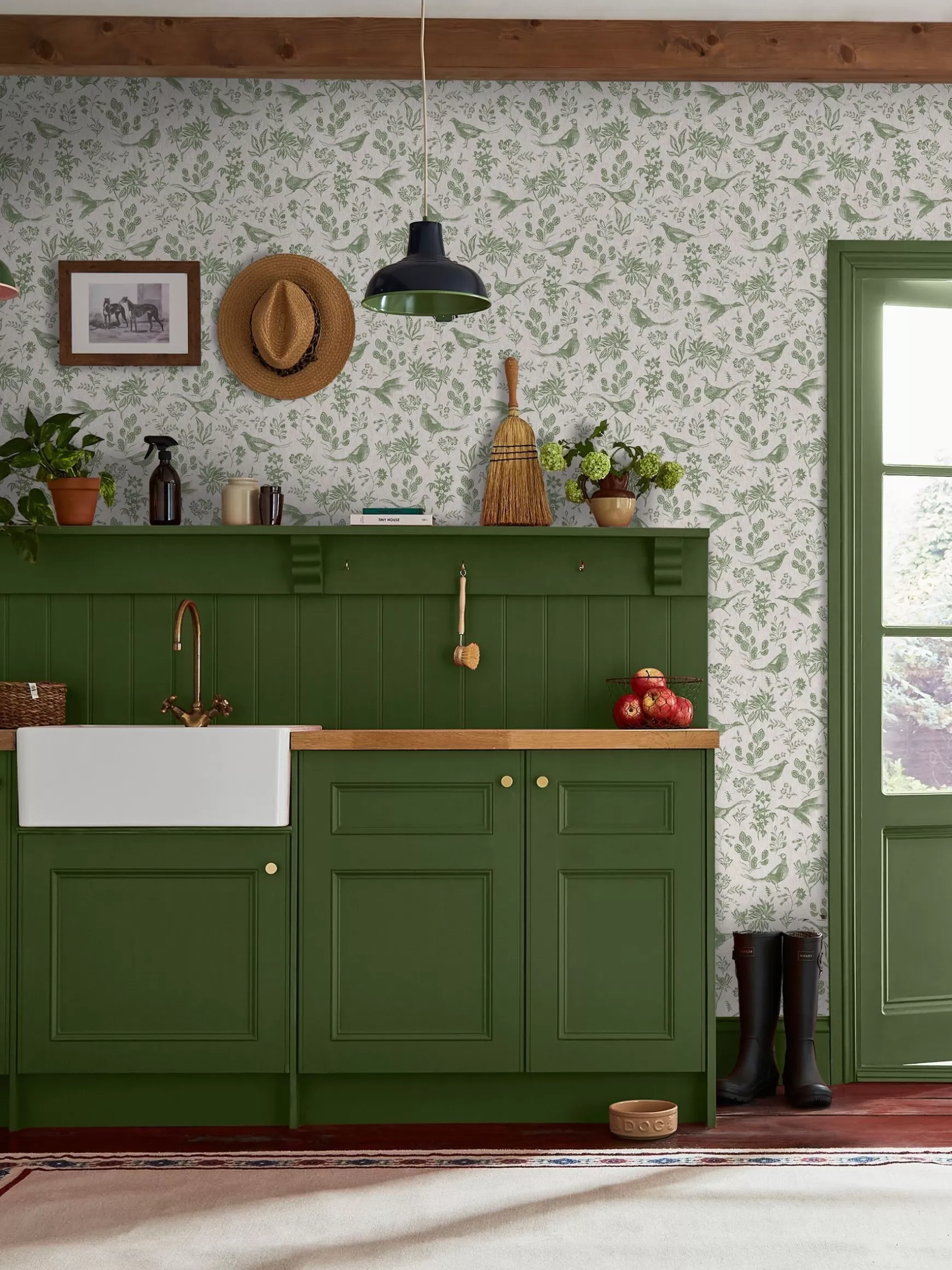 Linen Green Pheasant Print 10M Wallpaper^Joules Shop