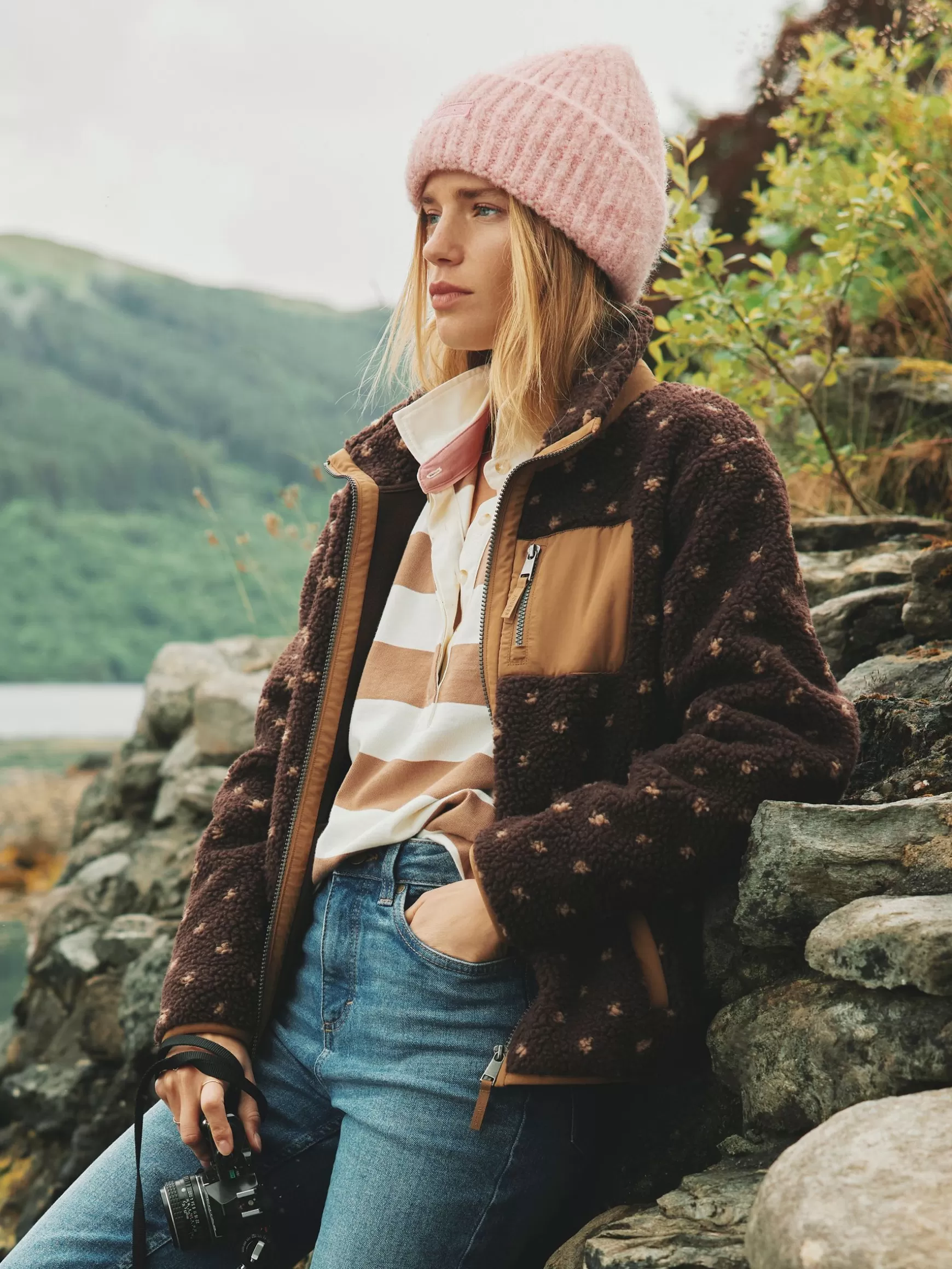 Lottie Chocolate Brown spot Borg Fleece Jacket^Joules Online