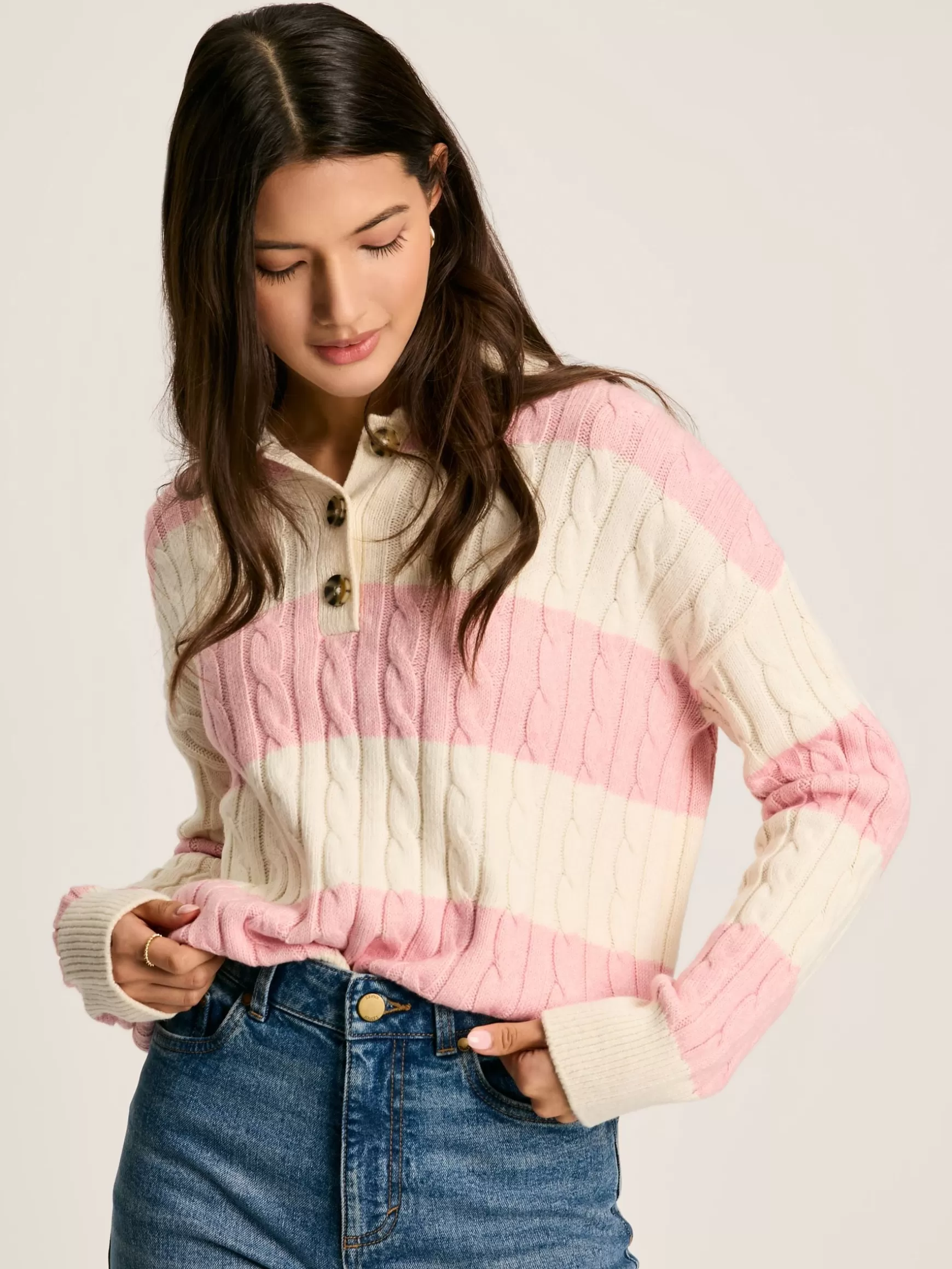 Love All Cable Knit Jumper with Button Collar^Joules Discount