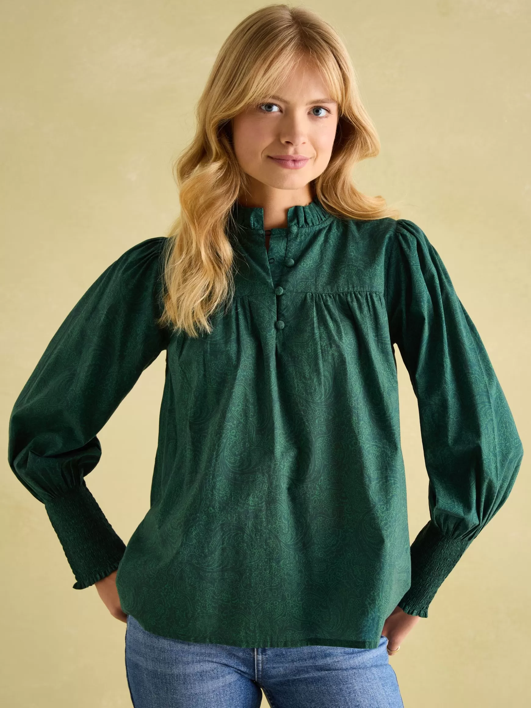 Mariella Green Paisley Cotton Frill Neck Blouse^Joules New