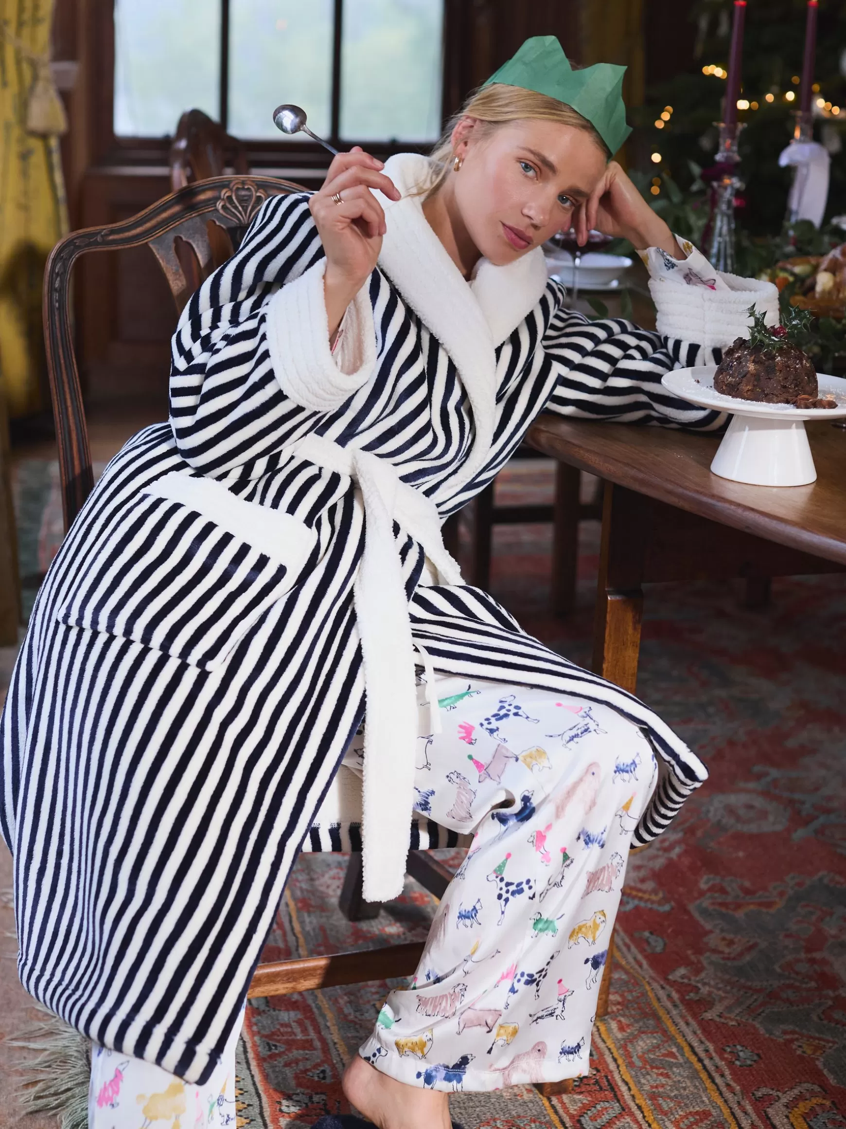 Matilda Navy & White Fleece Lined Striped Dressing Gown^Joules Store